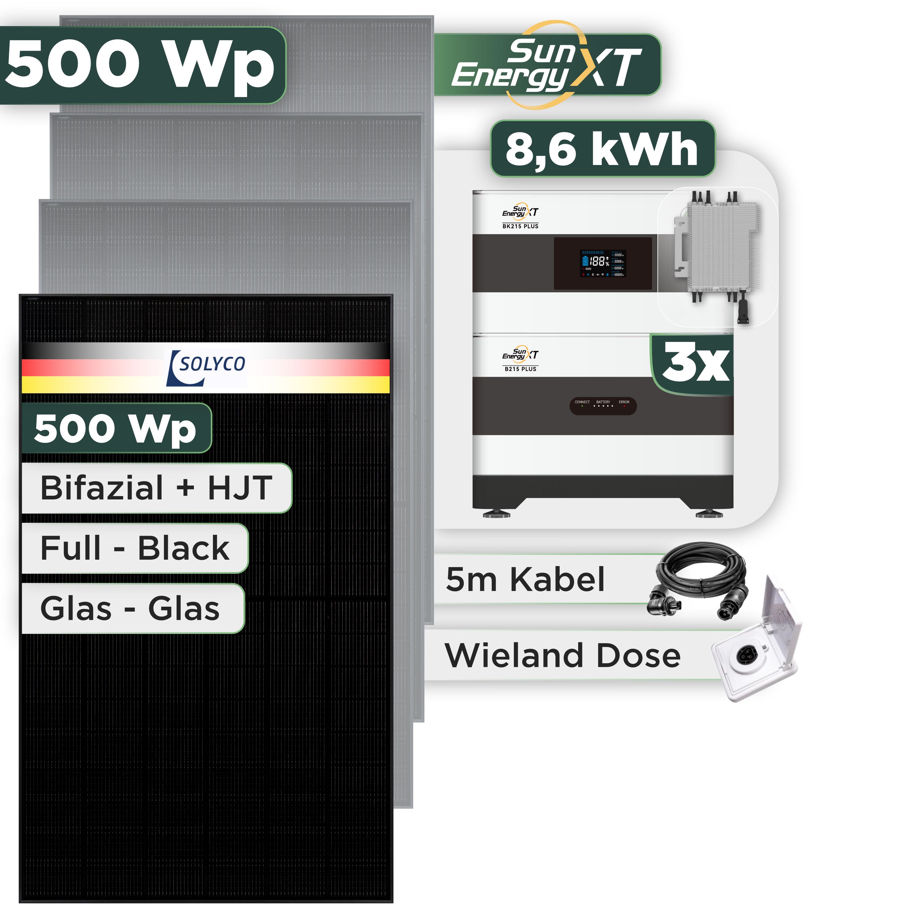 Balkonkraftwerk Set 500 Wp SunEnergyXT Plus / 8,6 kWh / Solyco 500 Wp Glas-Glas Fullblack-Modul Bifazial / 1 Modul / Deye 2000 W / Wieland Stecker + Dose