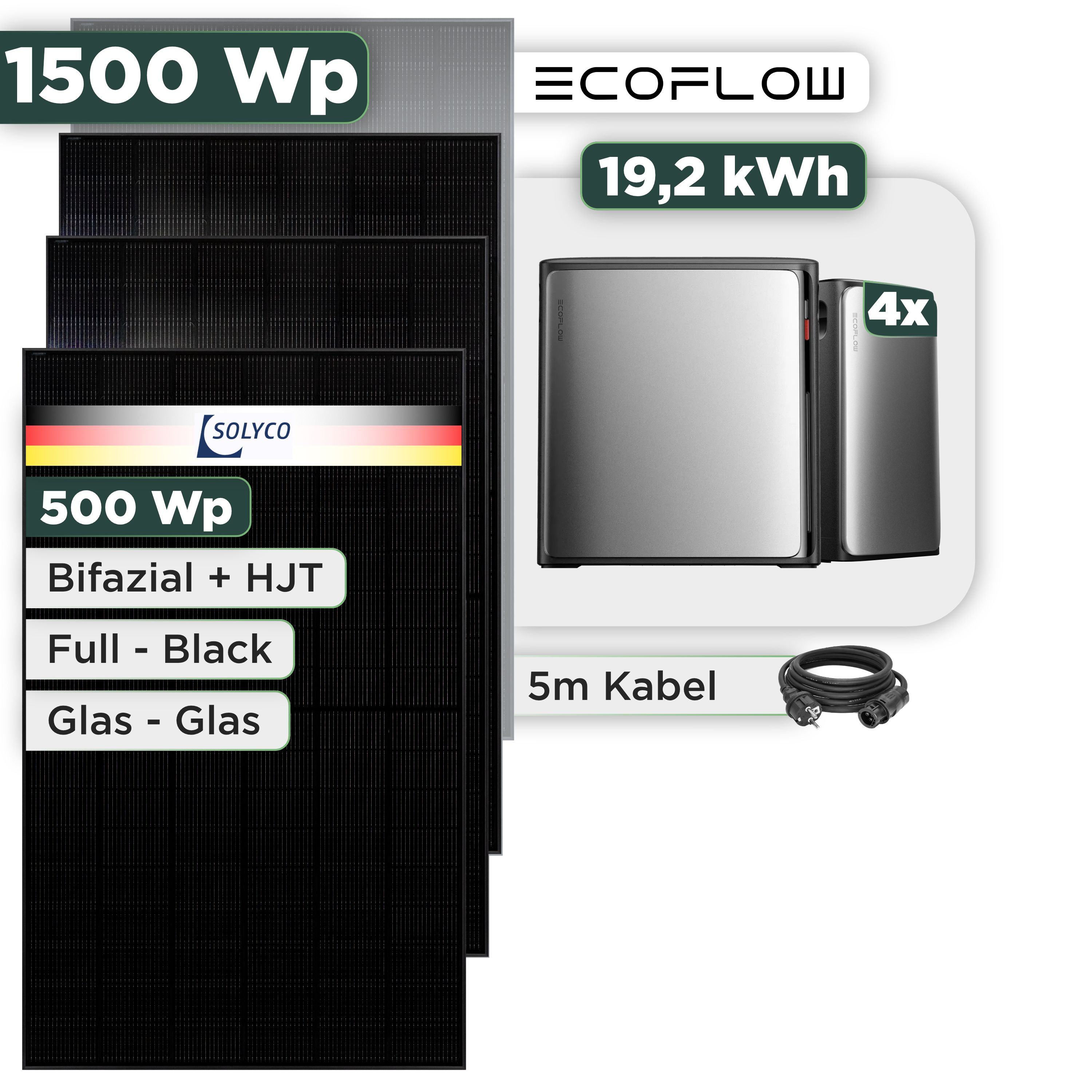 Balkonkraftwerk Set 1500 Wp Ecoflow Stream Ultra X / 19,2 kWh / Solyco 500 Wp Glas-Glas Fullblack-Modul Bifazial / 3 Module / Schuko Stecker / 1,5 m