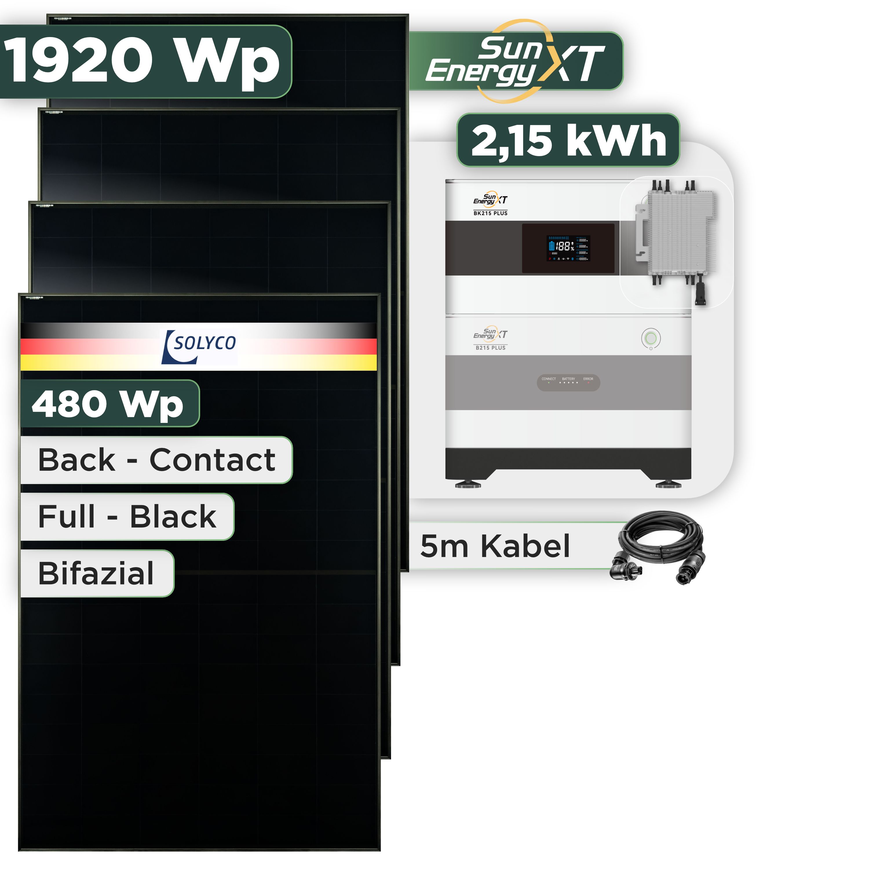 Balkonkraftwerk Set 1920 Wp SunEnergyXT Plus / 2,15 kWh / Solyco 480 Wp Glas-Glas Fullblack Back Contact Modul / 4 Module / Deye 2000 W / Wieland Stecker