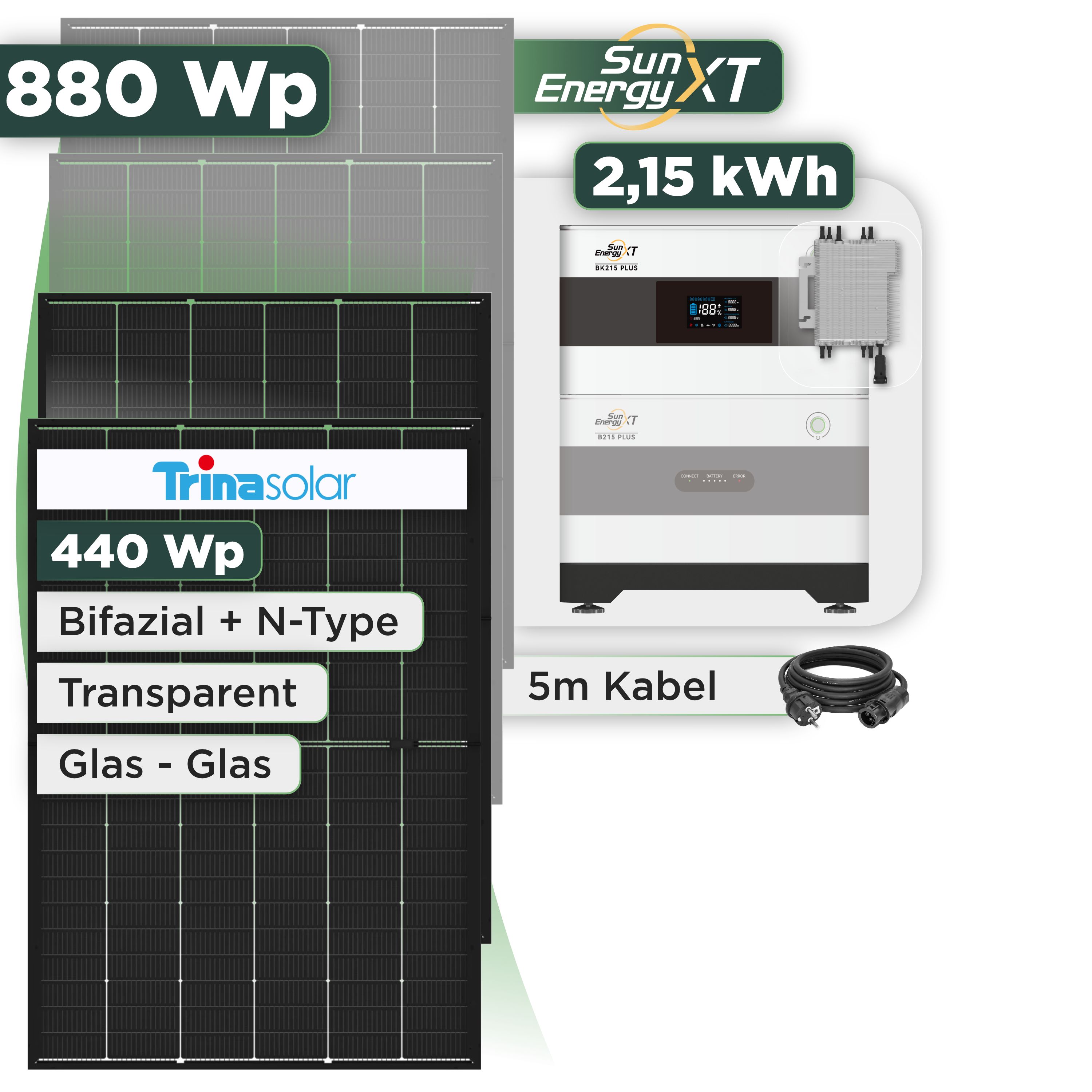 Balkonkraftwerk Set 880 Wp SunEnergyXT Plus / 2,15 kWh / Trina 440 Wp Glas-Glas Bifazial Modul / 2 Module / Deye 2000 W / Schuko Stecker