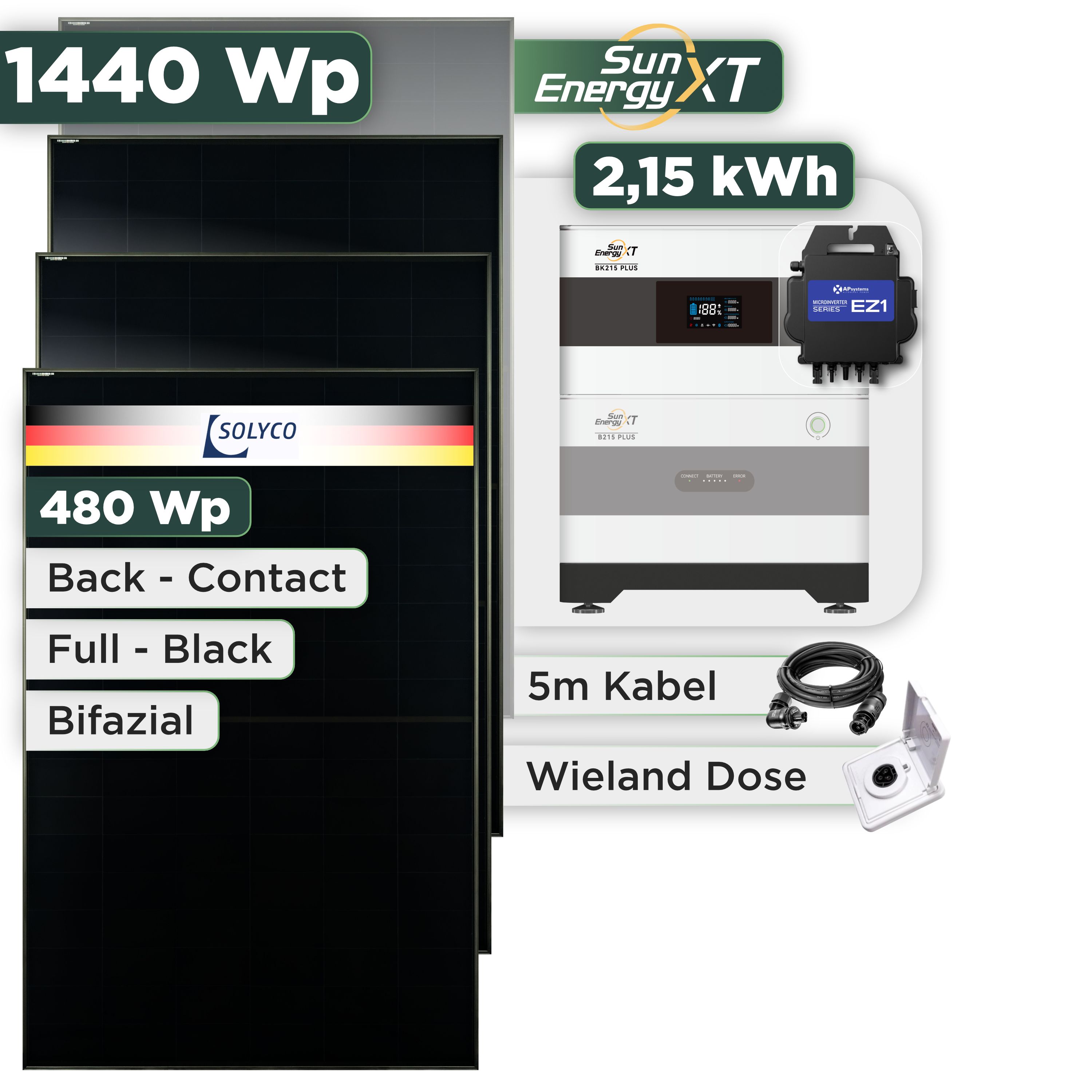 Balkonkraftwerk Set 1440 Wp SunEnergyXT Plus / 2,15 kWh / Solyco 480 Wp Glas-Glas Fullblack Back Contact Modul / 3 Module / APSystems EZ1-M (bis 800 W) / Wieland Stecker + Dose