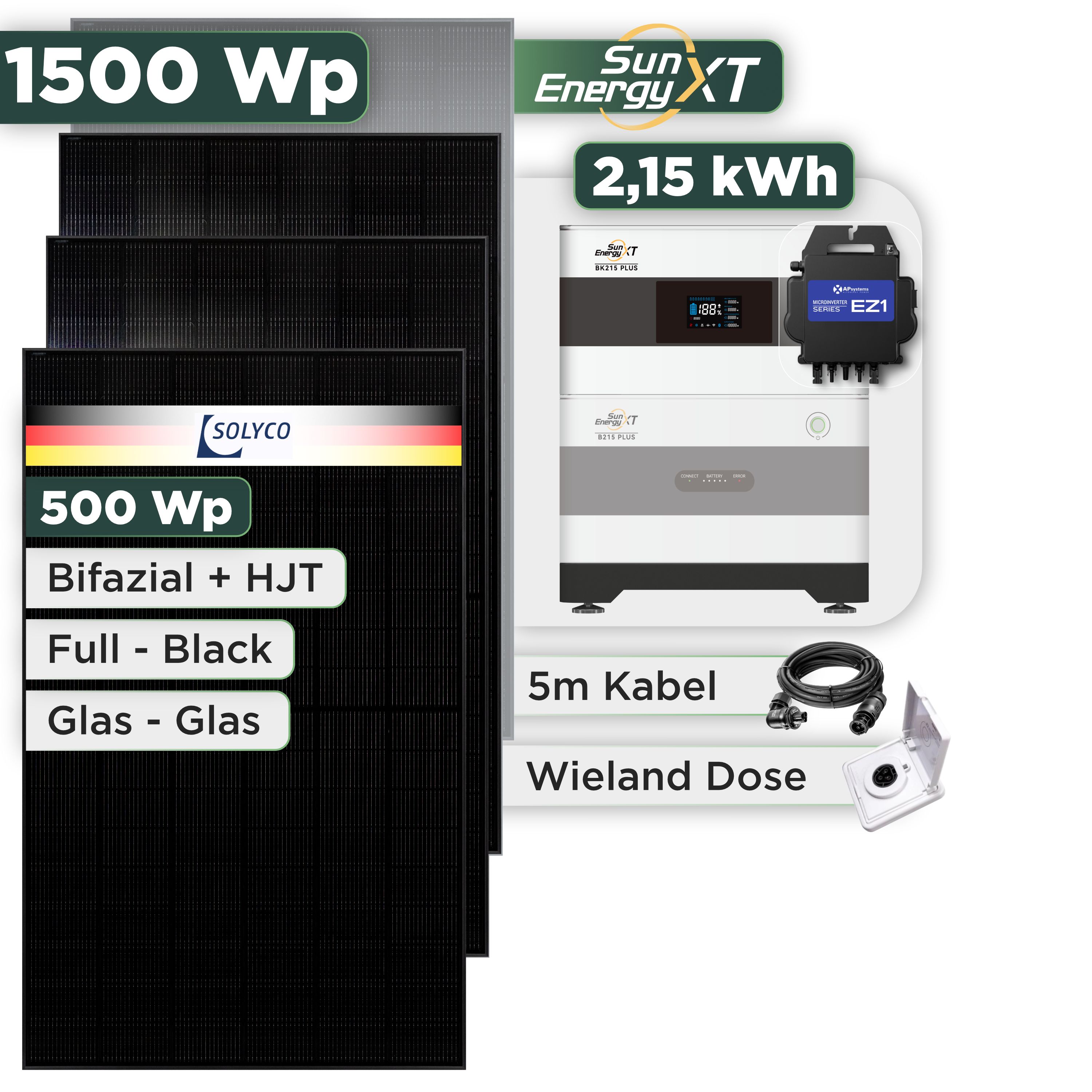 Balkonkraftwerk Set 1500 Wp SunEnergyXT Plus / 2,15 kWh / Solyco 500 Wp Glas-Glas Fullblack-Modul Bifazial / 3 Module / APSystems EZ1-M (bis 800 W) / Wieland Stecker + Dose