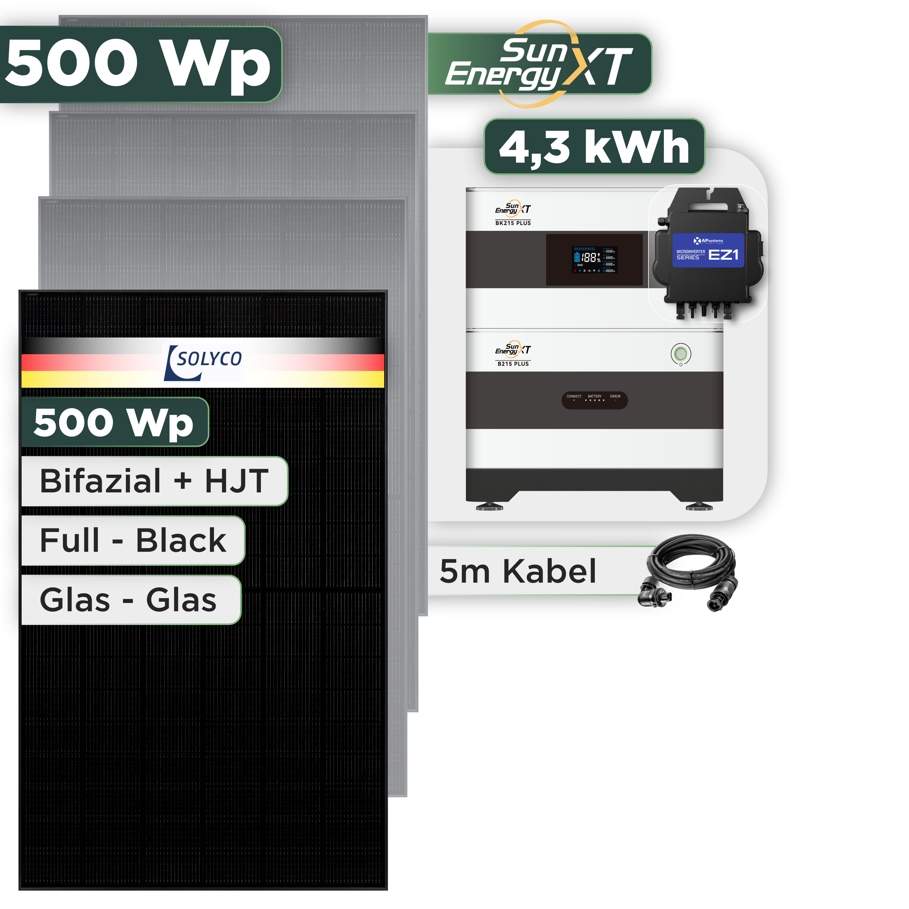 Balkonkraftwerk Set 500 Wp SunEnergyXT Plus / 4,3 kWh / Solyco 500 Wp Glas-Glas Fullblack-Modul Bifazial / 1 Modul / APSystems EZ1-M (bis 800 W) / Wieland Stecker