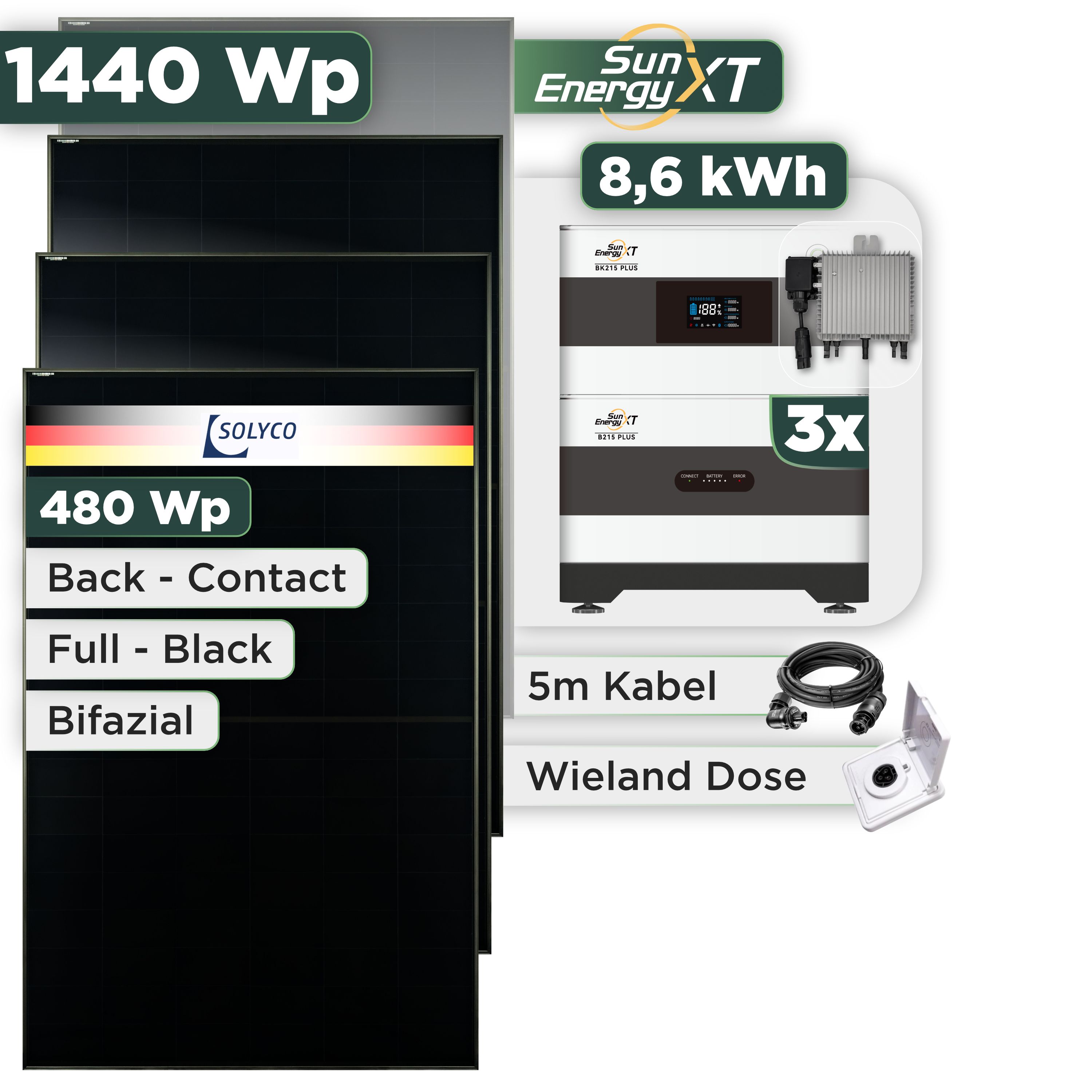 Balkonkraftwerk Set 1440 Wp SunEnergyXT Plus / 8,6 kWh / Solyco 480 Wp Glas-Glas Fullblack Back Contact Modul / 3 Module / Deye 800 W / Wieland Stecker + Dose