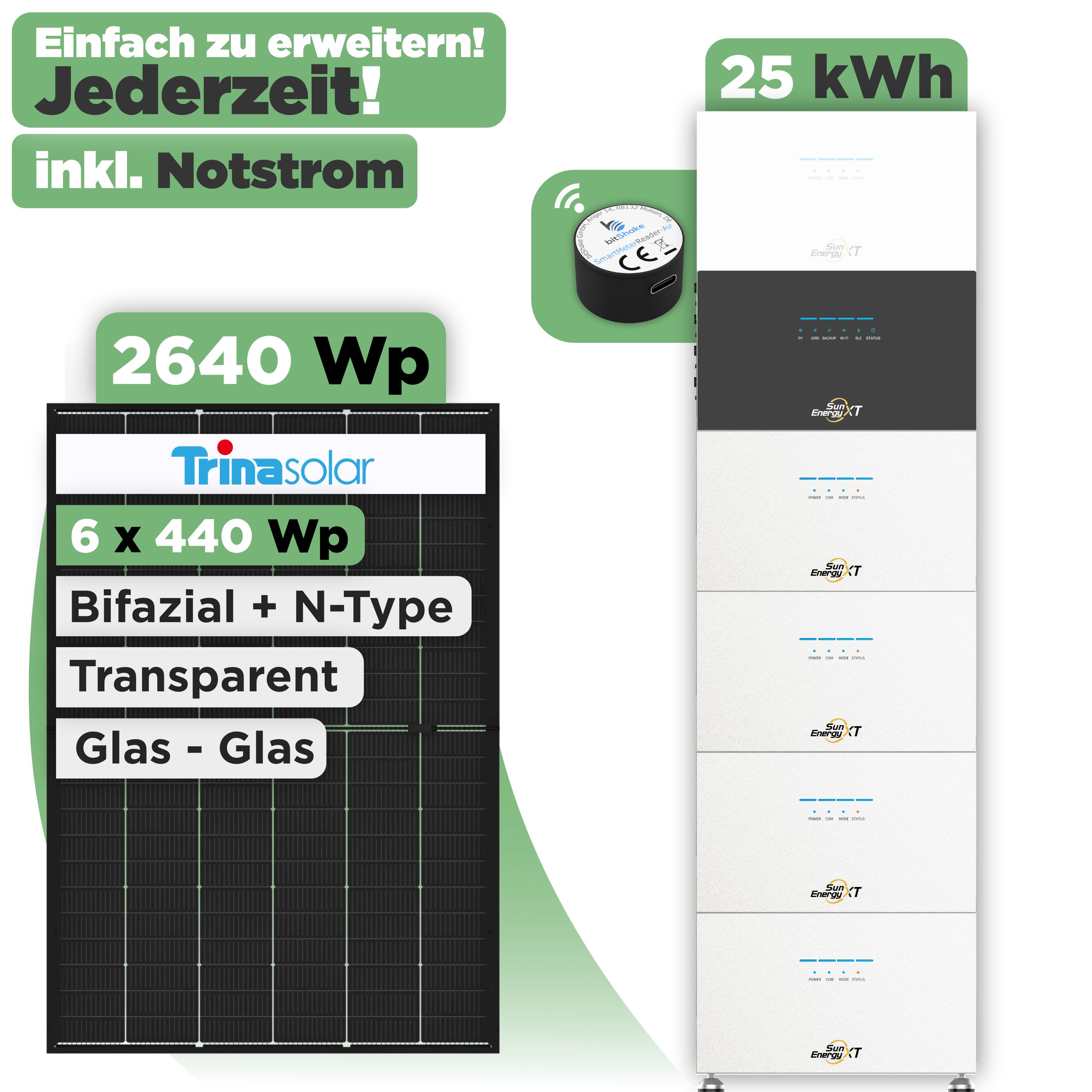 SunEnergyXT 500 Modulset 2640 Wp SunEnergyXT 500 (800 W) / 25 kWh / IR Lesekopf / Trina 440 Wp / 6 Module