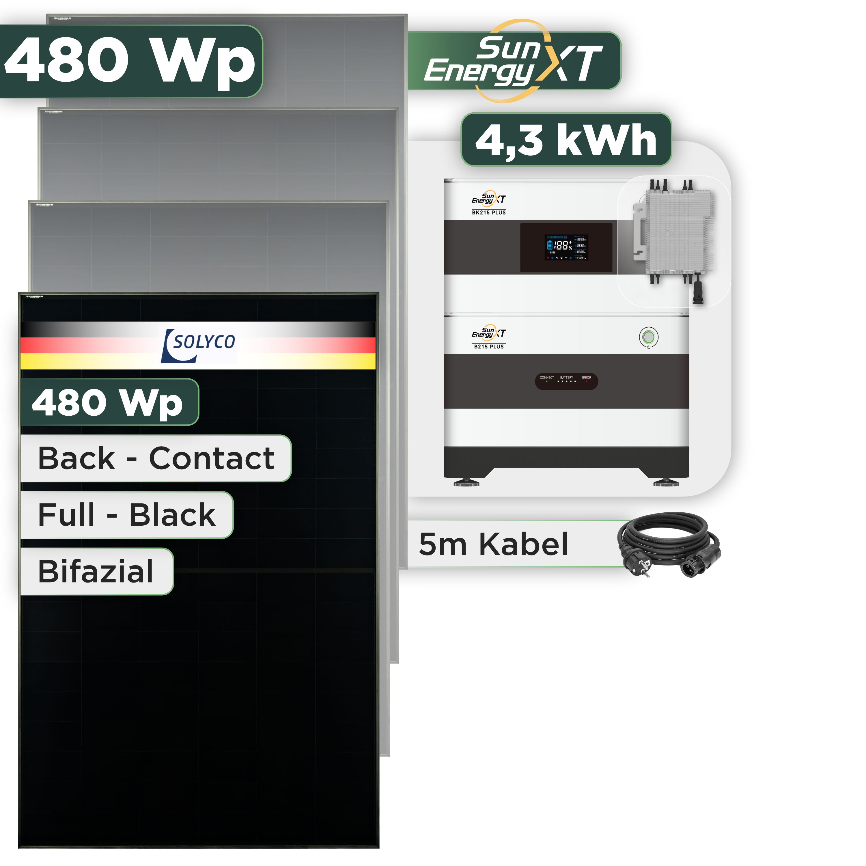 Balkonkraftwerk Set 480 Wp SunEnergyXT Plus / 4,3 kWh / Solyco 480 Wp Glas-Glas Fullblack Back Contact Modul / 1 Modul / Deye 2000 W / Schuko Stecker