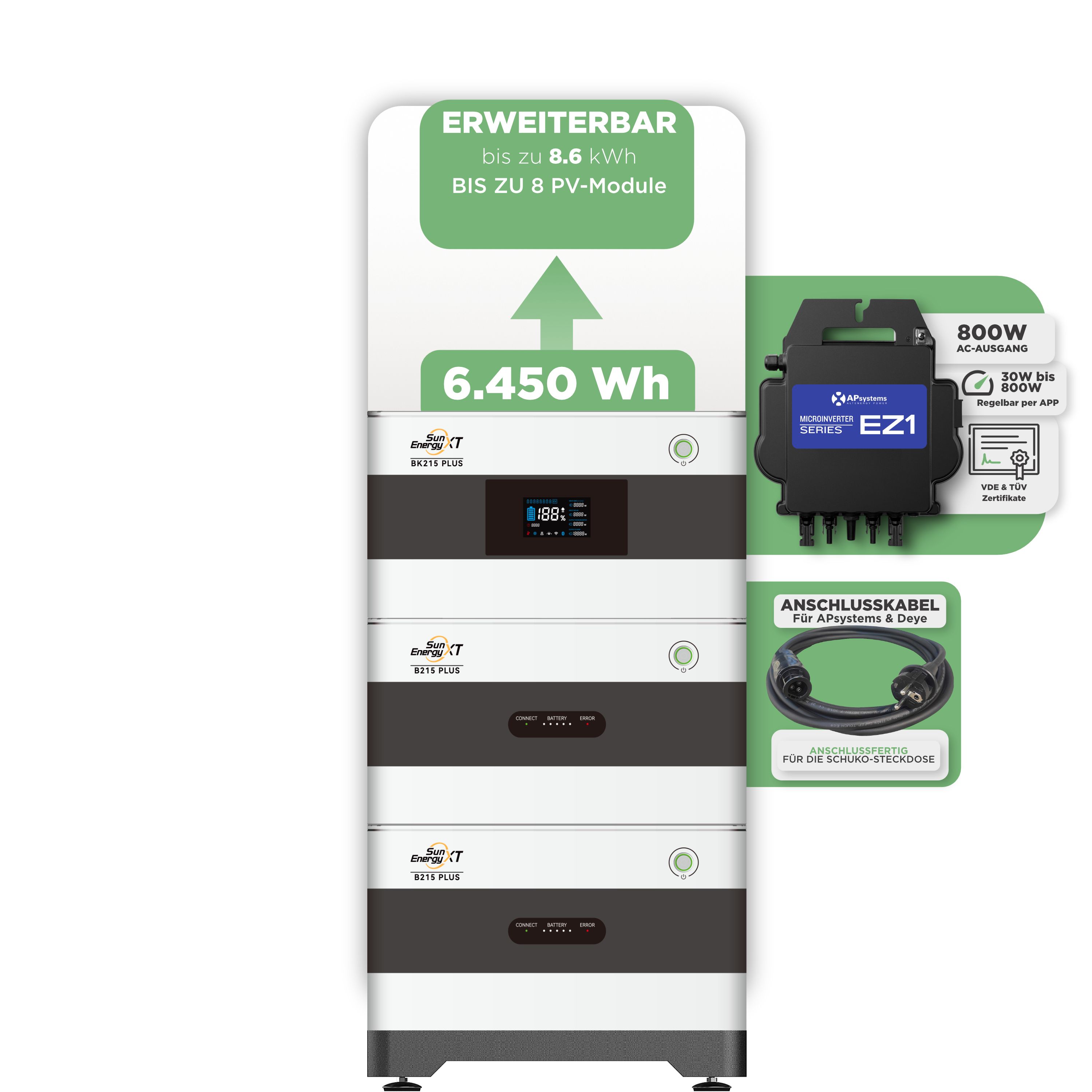 SunEnergyXT Balkonkraftwerkspeicher — 6.450 Wh / 800 W (Apsystems EZ1-M) / 5 m Schuko Kabel
