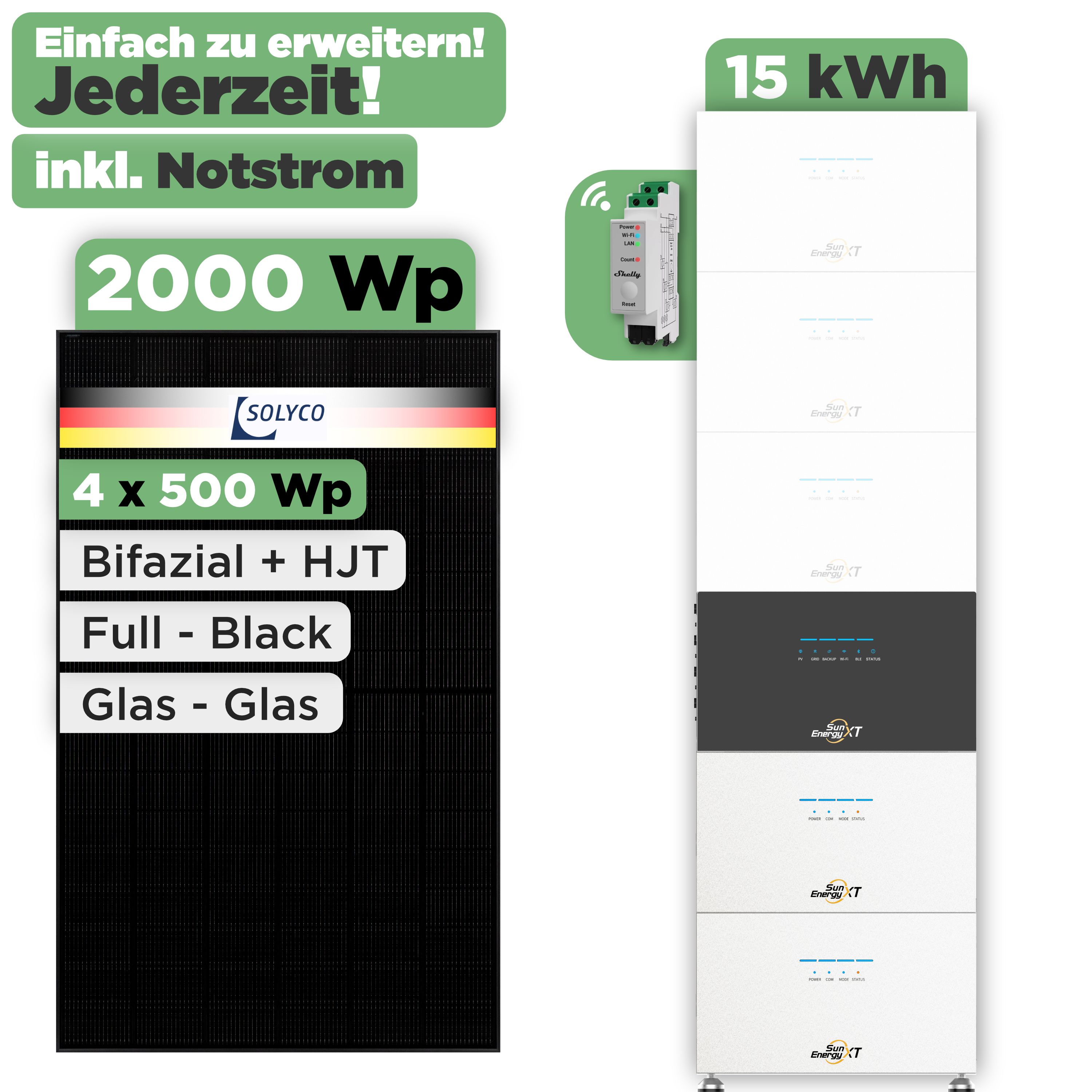 SunEnergyXT 500 Modulset 2000 Wp SunEnergyXT 500 (800 W) / 15 kWh / Shelly 3EM Pro / Solyco 500 Wp / 4 Module