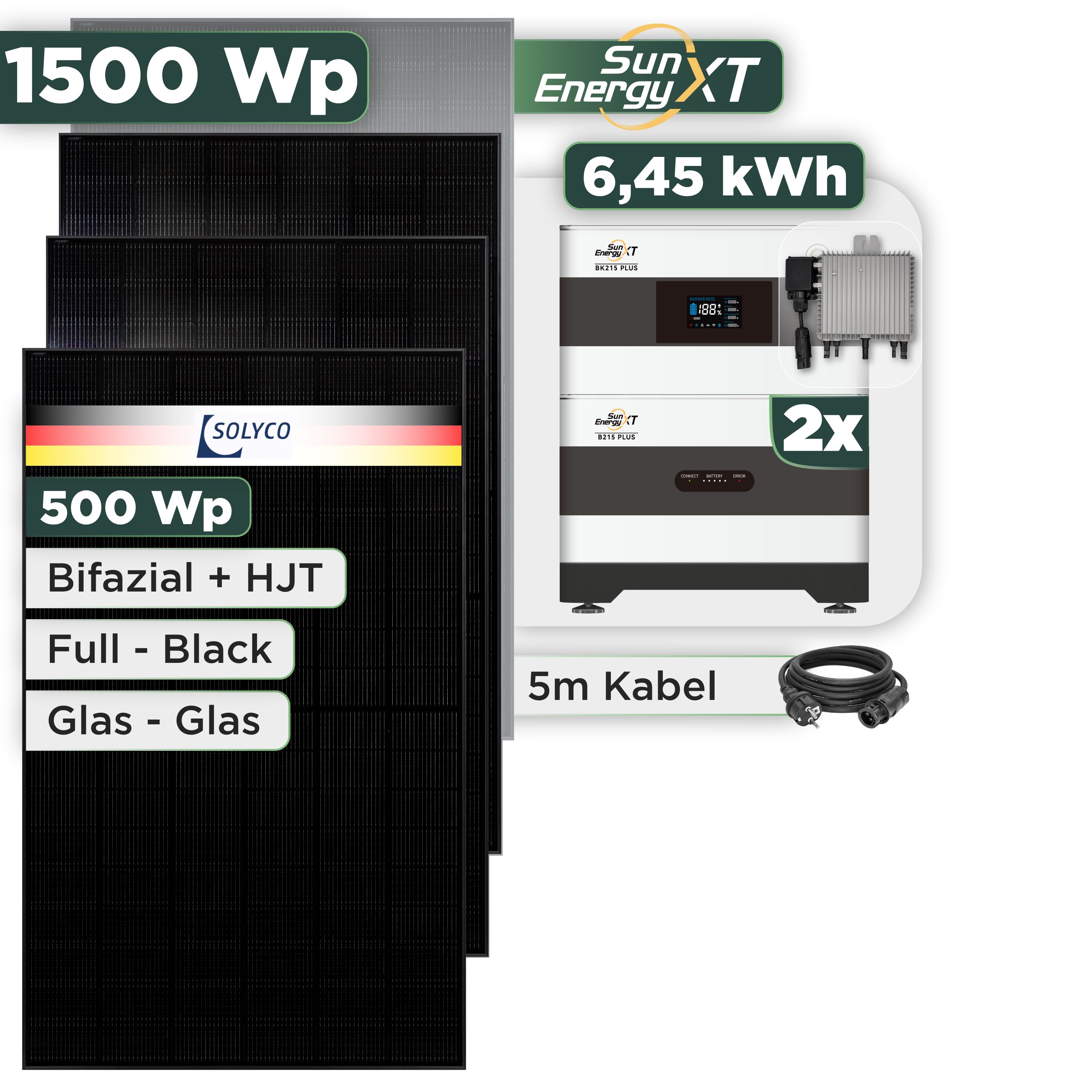 Balkonkraftwerk Set 1500 Wp SunEnergyXT Plus / 6,45 kWh / Solyco 500 Wp Glas-Glas Fullblack-Modul Bifazial / 3 Module / Deye 800 W / Schuko Stecker