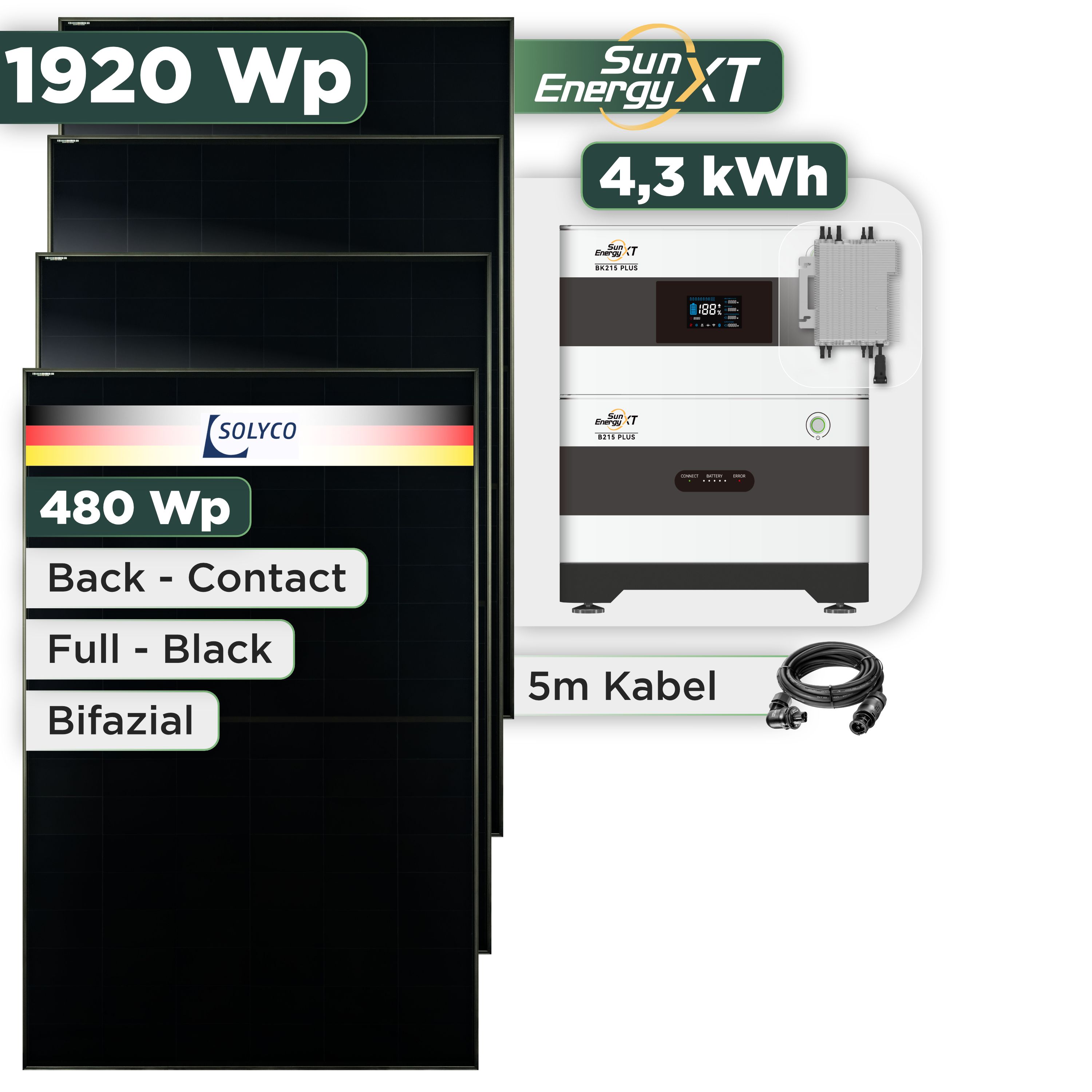 Balkonkraftwerk Set 1920 Wp SunEnergyXT Plus / 4,3 kWh / Solyco 480 Wp Glas-Glas Fullblack Back Contact Modul / 4 Module / Deye 2000 W / Wieland Stecker