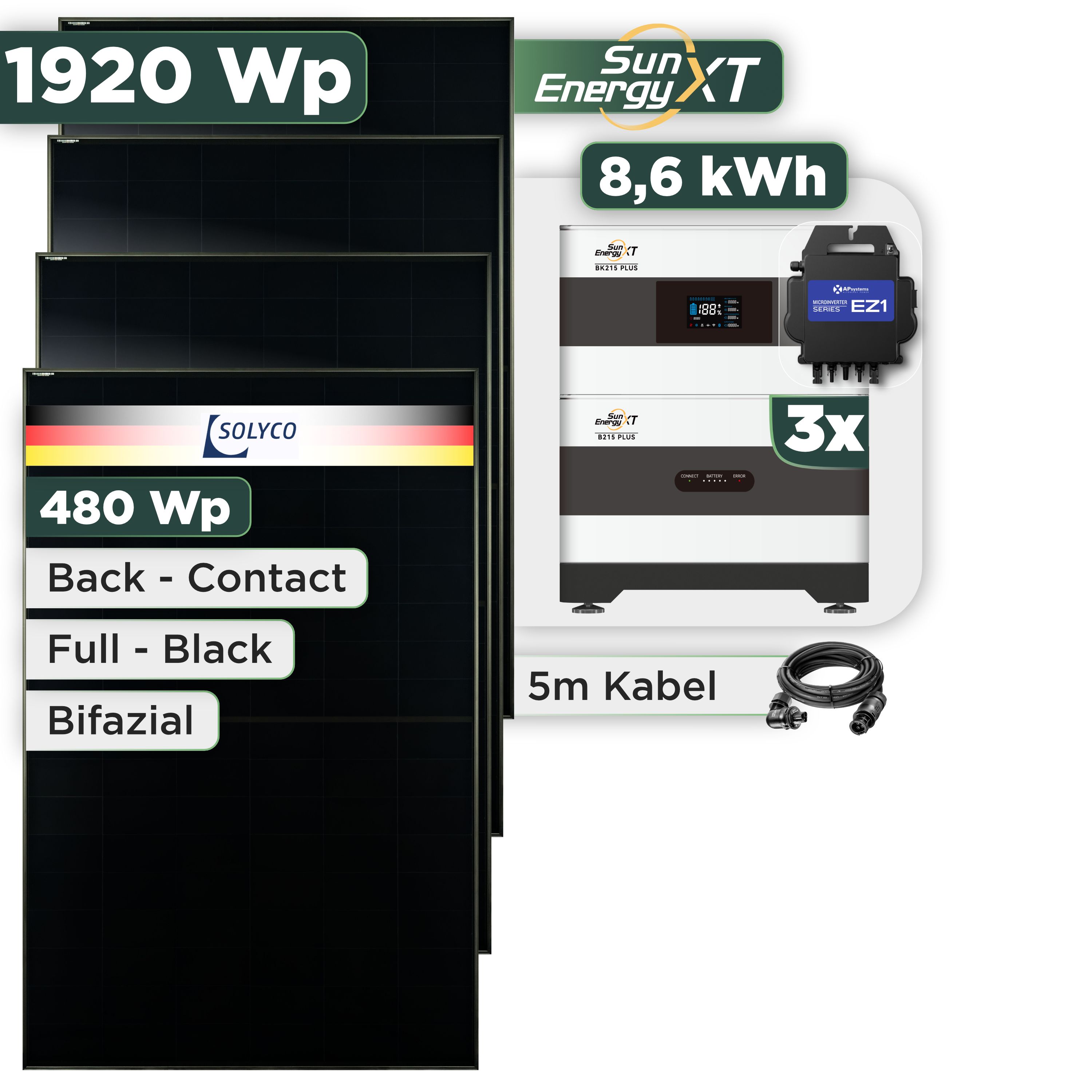 Balkonkraftwerk Set 1920 Wp SunEnergyXT Plus / 8,6 kWh / Solyco 480 Wp Glas-Glas Fullblack Back Contact Modul / 4 Module / APSystems EZ1-M (bis 800 W) / Wieland Stecker