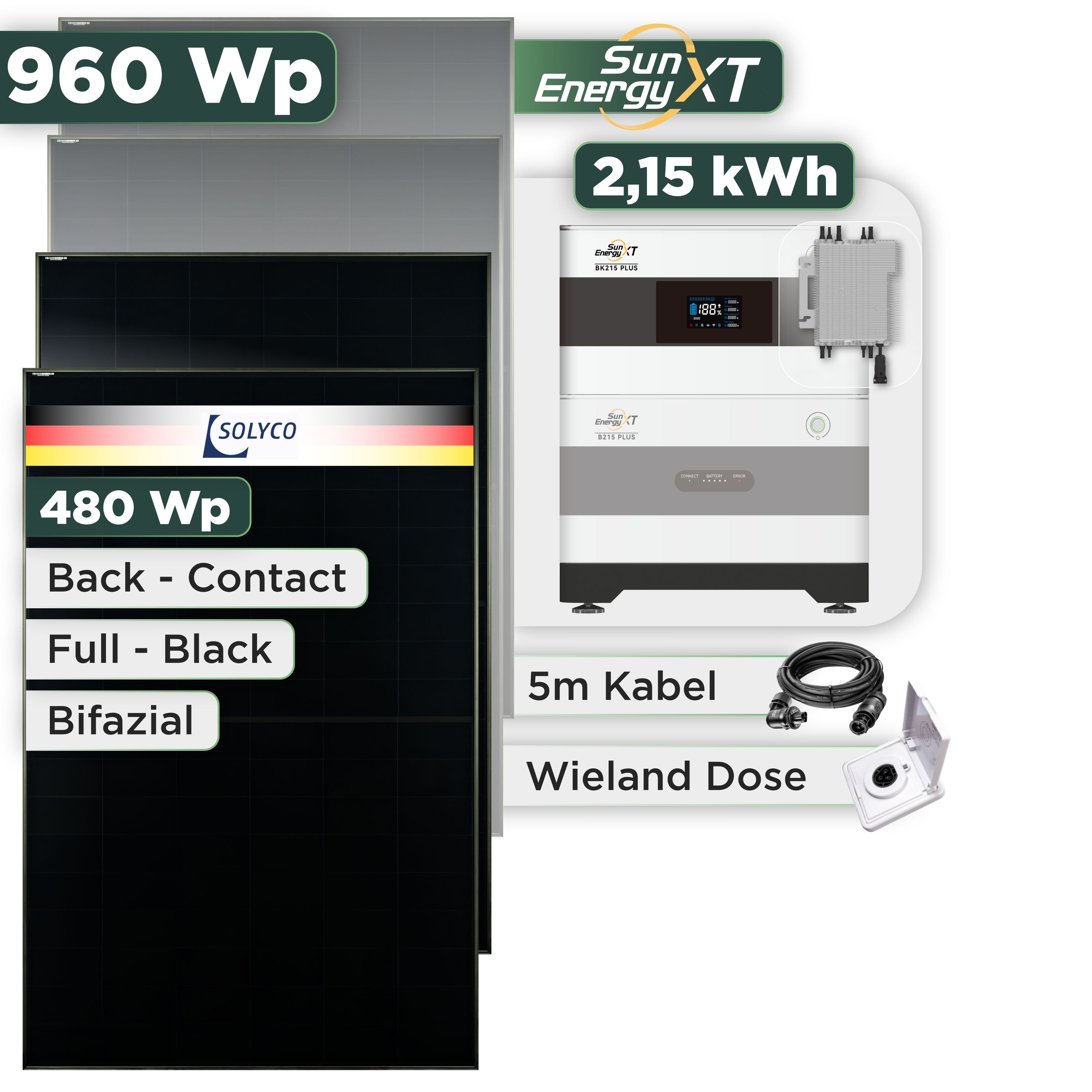 Balkonkraftwerk Set 960 Wp SunEnergyXT Plus / 2,15 kWh / Solyco 480 Wp Glas-Glas Fullblack Back Contact Modul / 2 Module / Deye 2000 W / Wieland Stecker + Dose