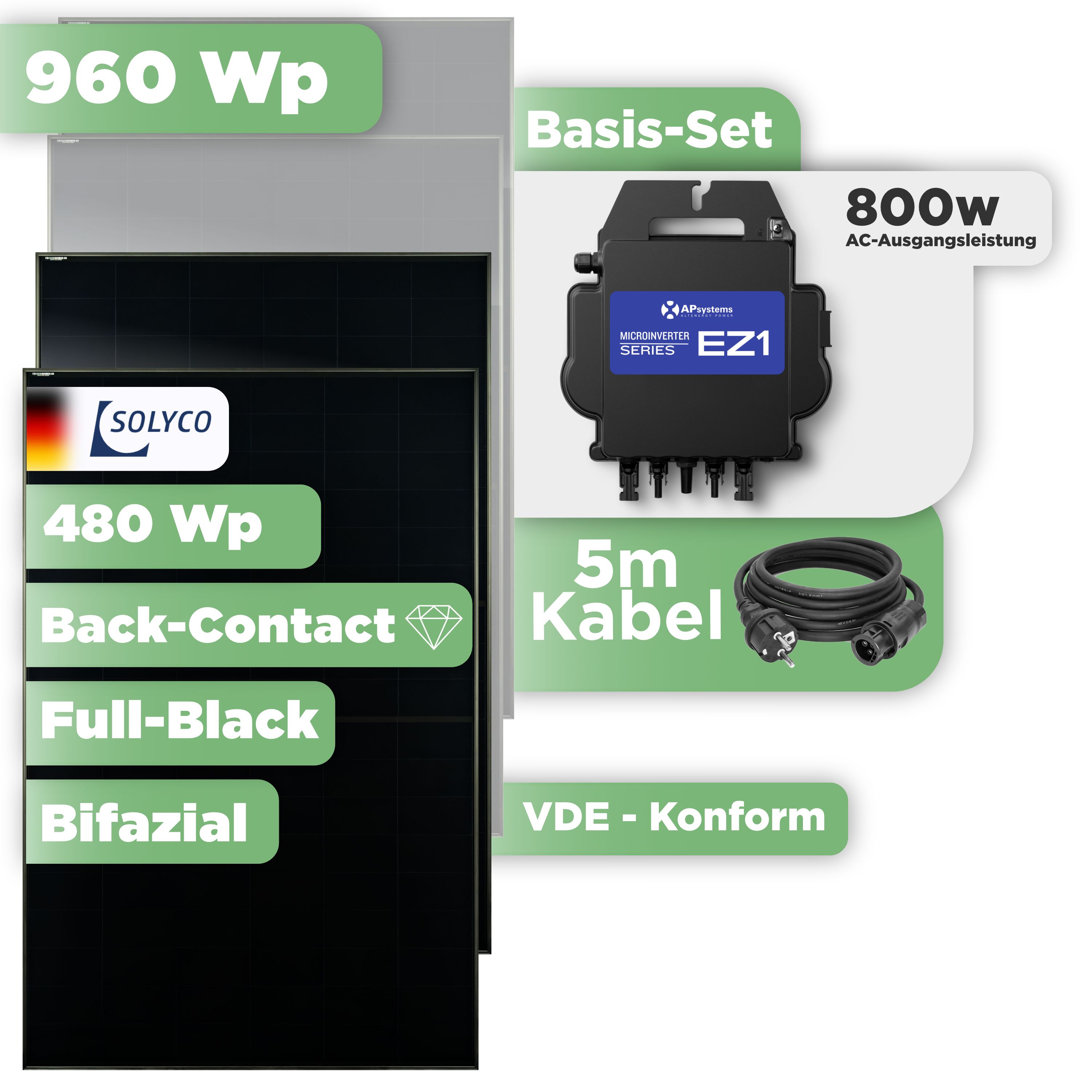 Balkonkraftwerk Basic Set 960 Wp Solyco 480 Wp Glas-Glas Fullblack Back Contact Modul / 2 Module / APSystems EZ1-M (bis 800 W) / Schuko Stecker
