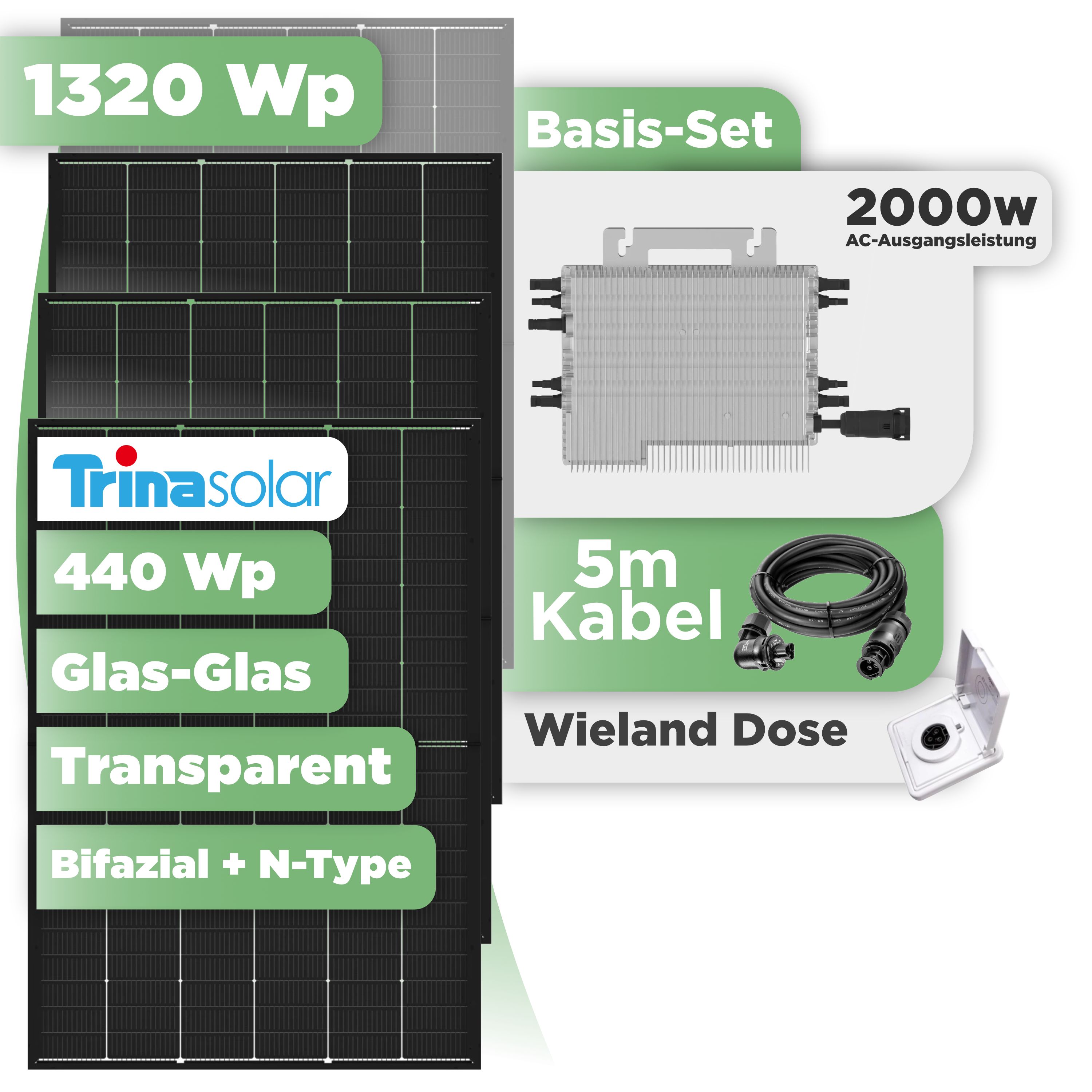 Balkonkraftwerk Basic Set 1320 Wp Trina 440 Wp Glas-Glas Bifazial Modul / 3 Module / Deye 2000 W / Wieland Stecker + Dose