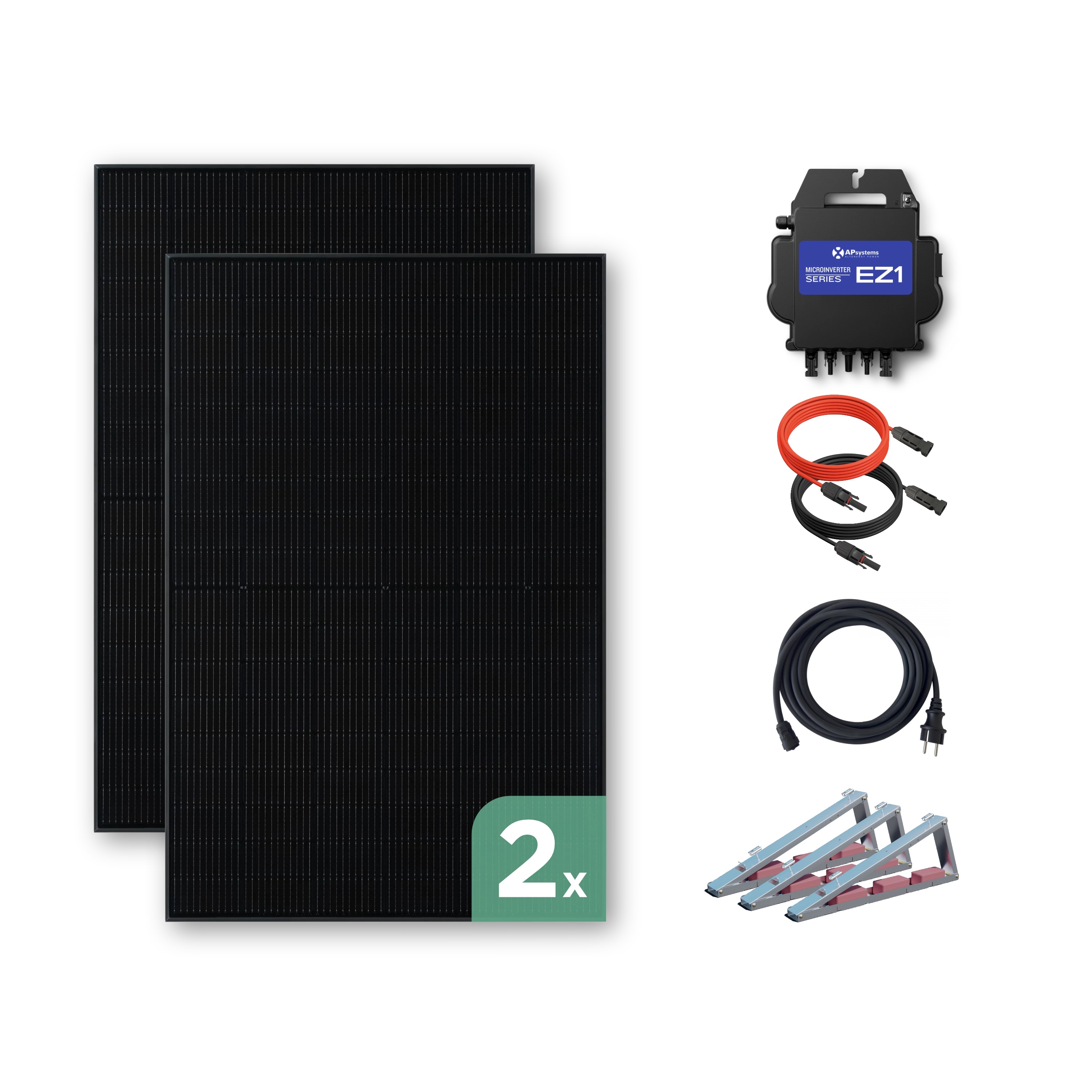 Balkonkraftwerk Flachdach 900 Wp — APsystems EZ1-M 800 W / Trina Solar / 450 Wp (Glas-Glas Full Black) / Premium - Wattstone Black 15°  / zwei Reihen quer / 2 Module / 20 m