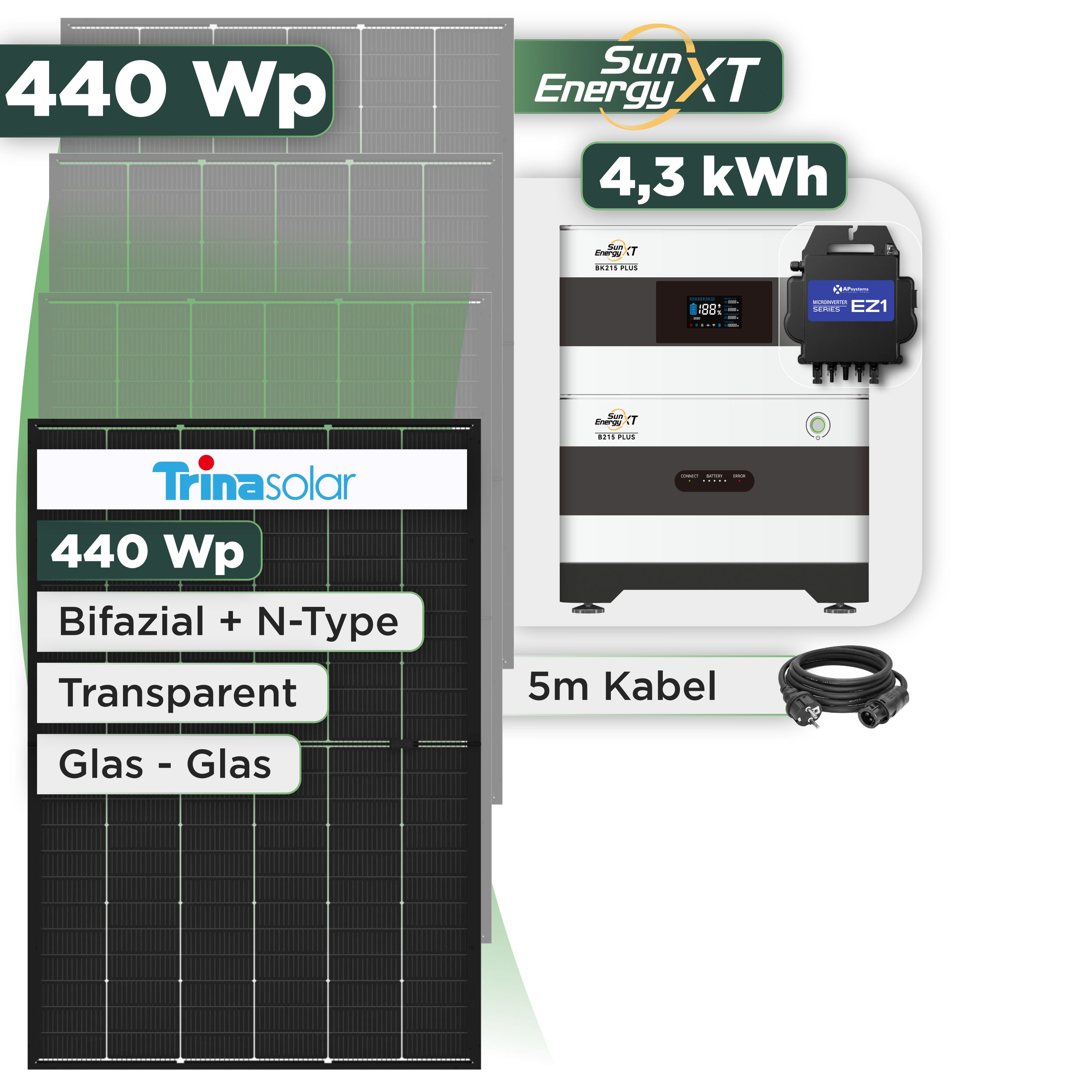 Balkonkraftwerk Set 440 Wp SunEnergyXT Plus / 4,3 kWh / Trina 440 Wp Glas-Glas Bifazial Modul / 1 Modul / APSystems EZ1-M (bis 800 W) / Schuko Stecker