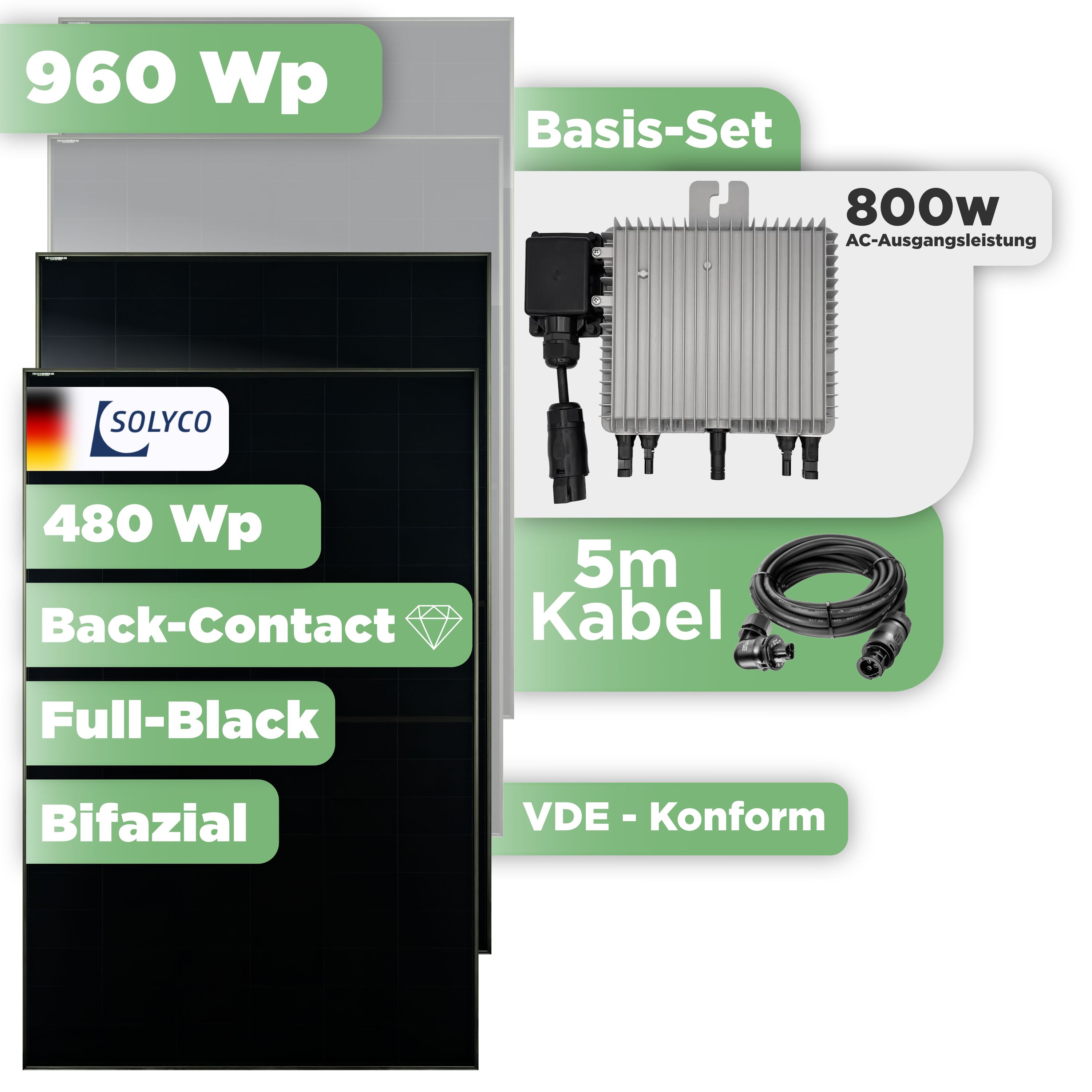 Balkonkraftwerk Basic Set 960 Wp Solyco 480 Wp Glas-Glas Fullblack Back Contact Modul / 2 Module / Deye 800 W / Wieland Stecker