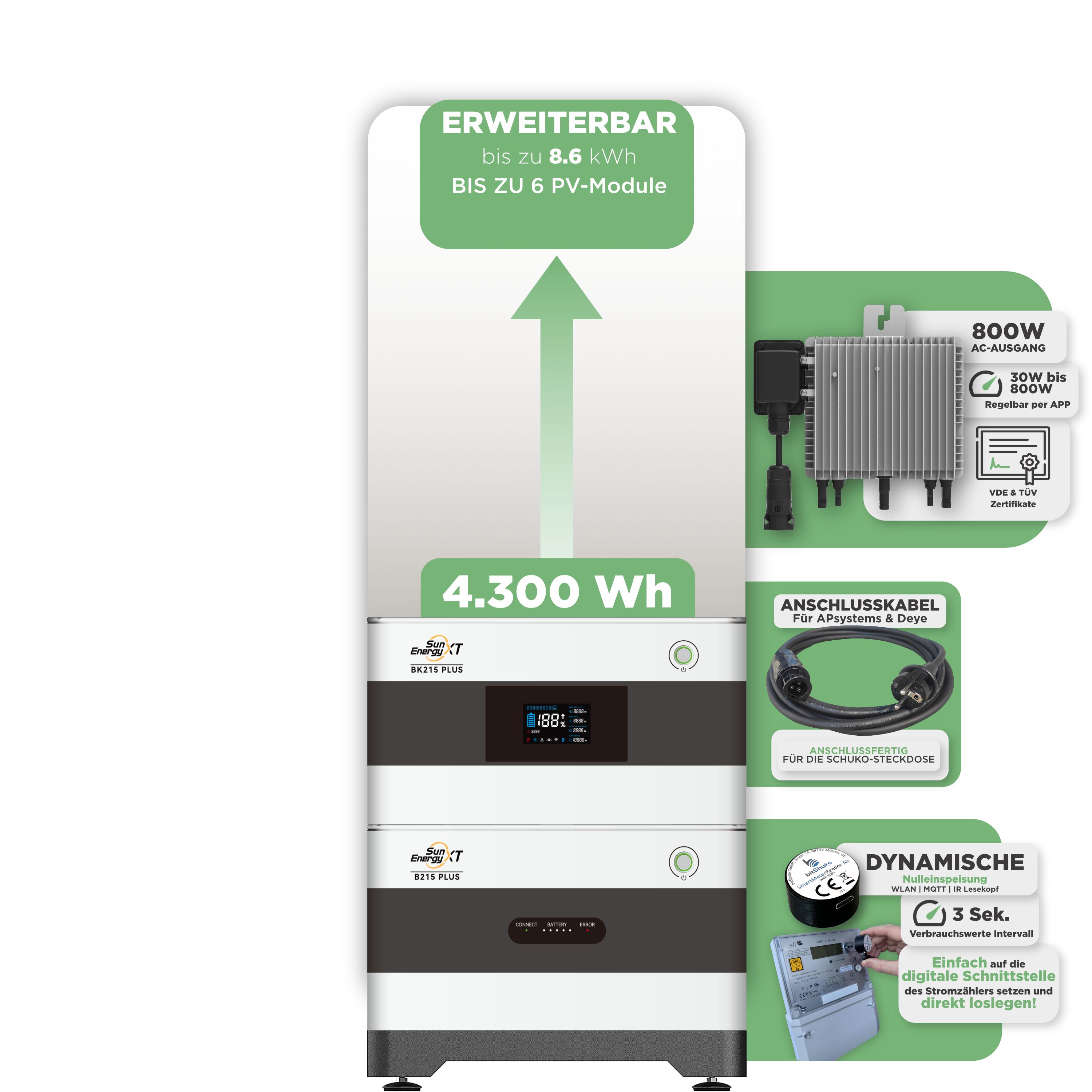 SunEnergyXT Balkonkraftwerkspeicher — 4.300 Wh / mit IR Lesekopf (bitshake) / 800 W (Deye-SUN-M) / 5 m Schuko Kabel