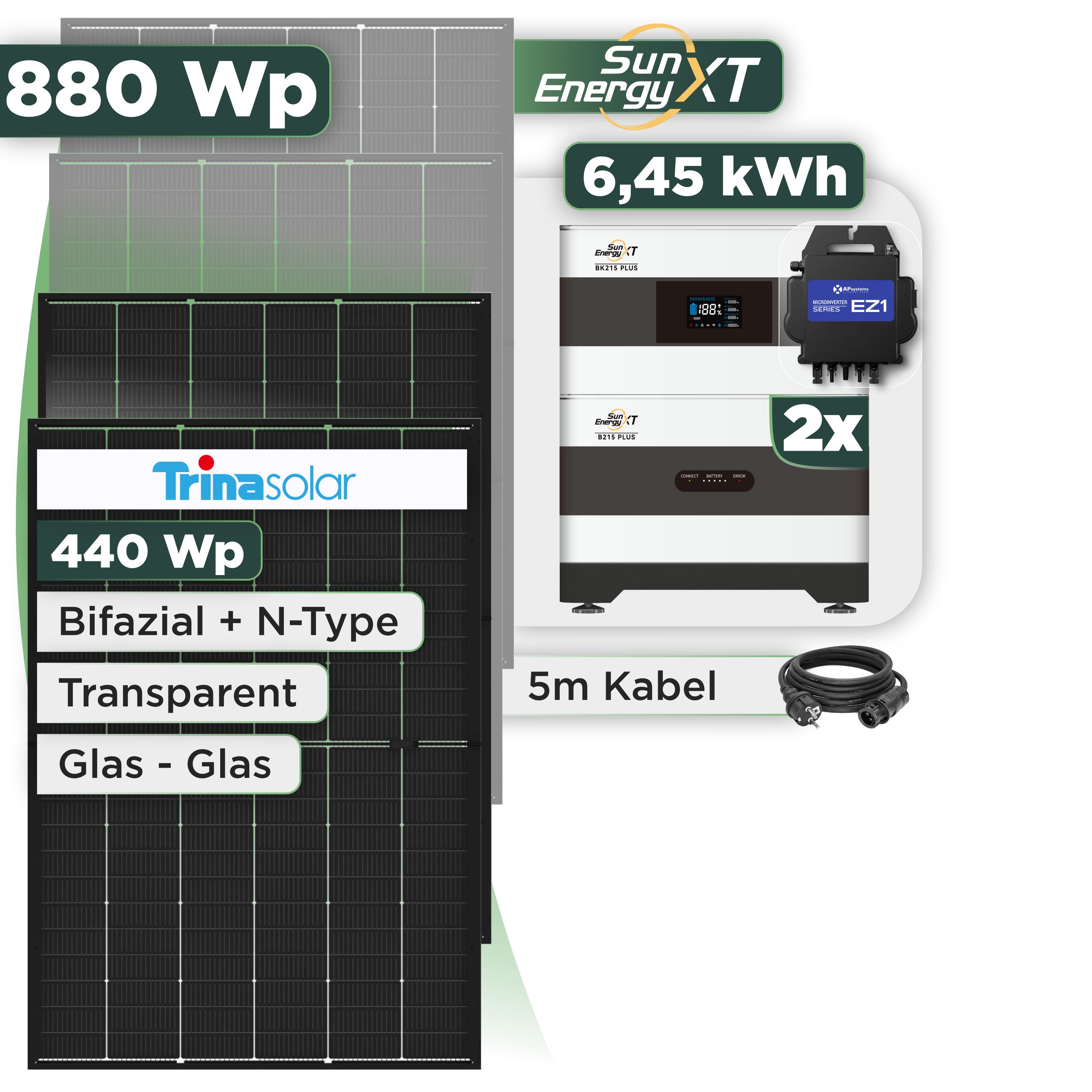 Balkonkraftwerk Set 880 Wp SunEnergyXT Plus / 6,45 kWh / Trina 440 Wp Glas-Glas Bifazial Modul / 2 Module / APSystems EZ1-M (bis 800 W) / Schuko Stecker