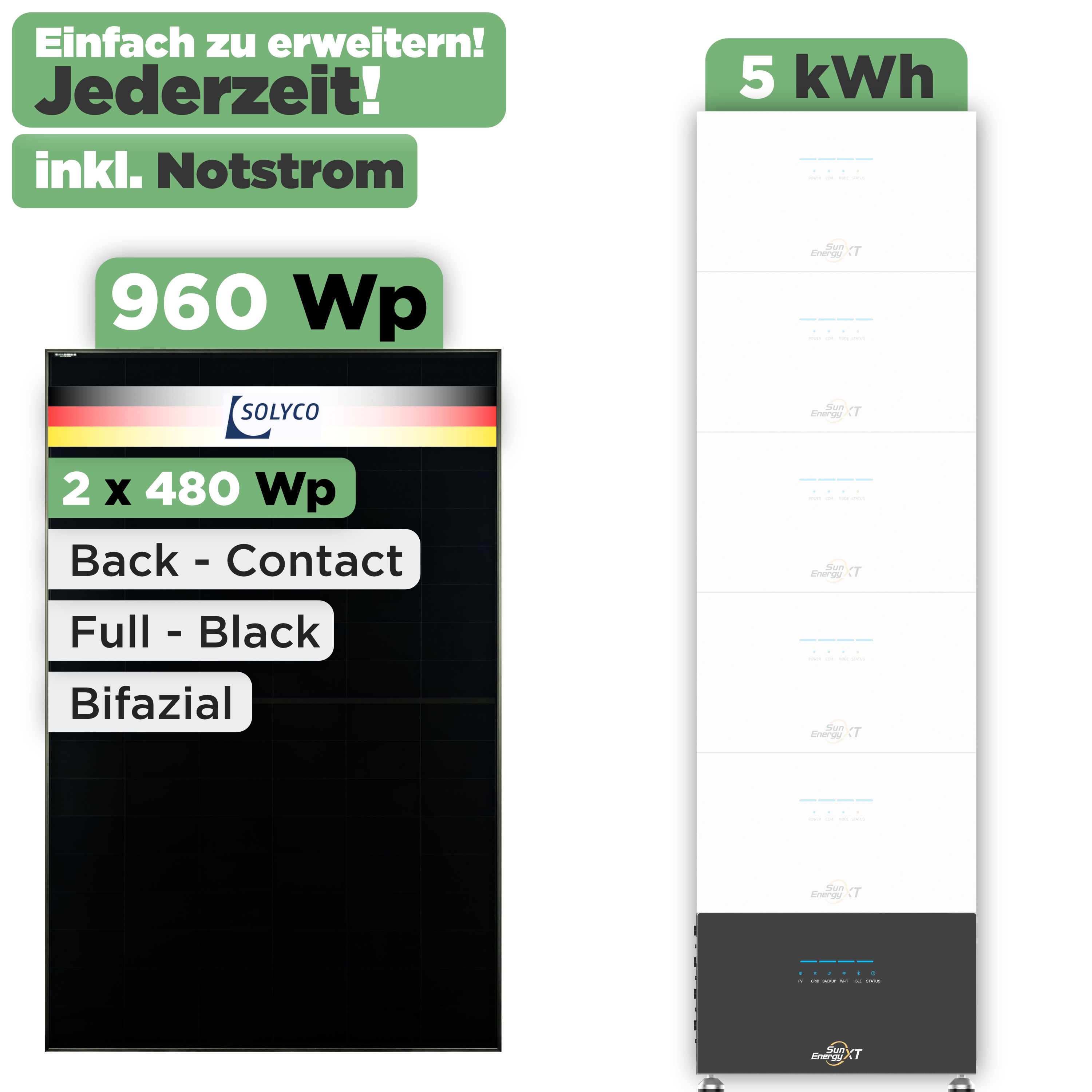 SunEnergyXT 500 Modulset 960 Wp SunEnergyXT 500 (800 W) / 5 kWh / Solyco 480 Wp / 2 Module