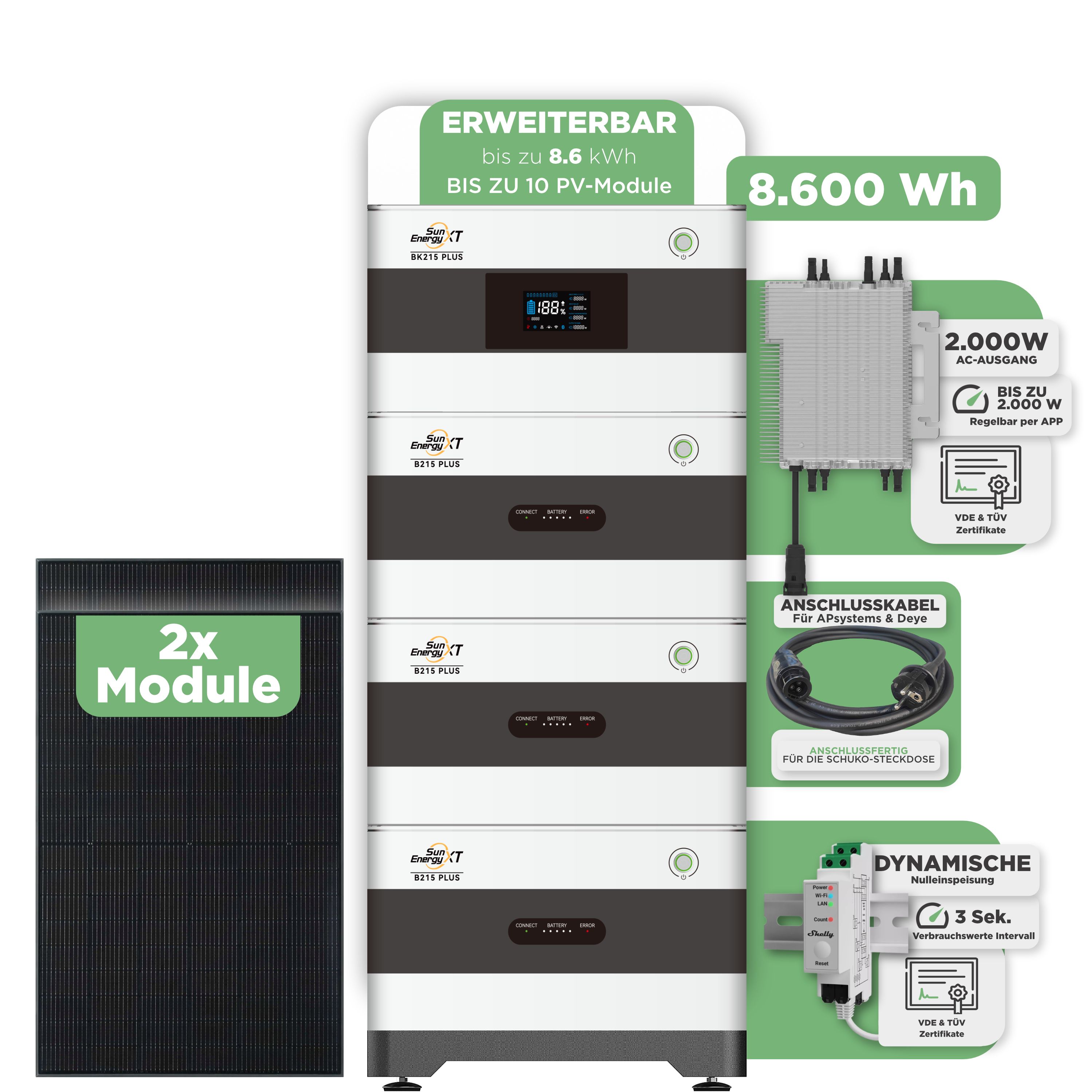 SunEnergyXT BK215 Plus Balkonkraftwerkspeicher 8.600 Wh / mit Shelly 3EM Pro / 2000 W (Deye-SUN-M) / 20 m Schuko Kabel