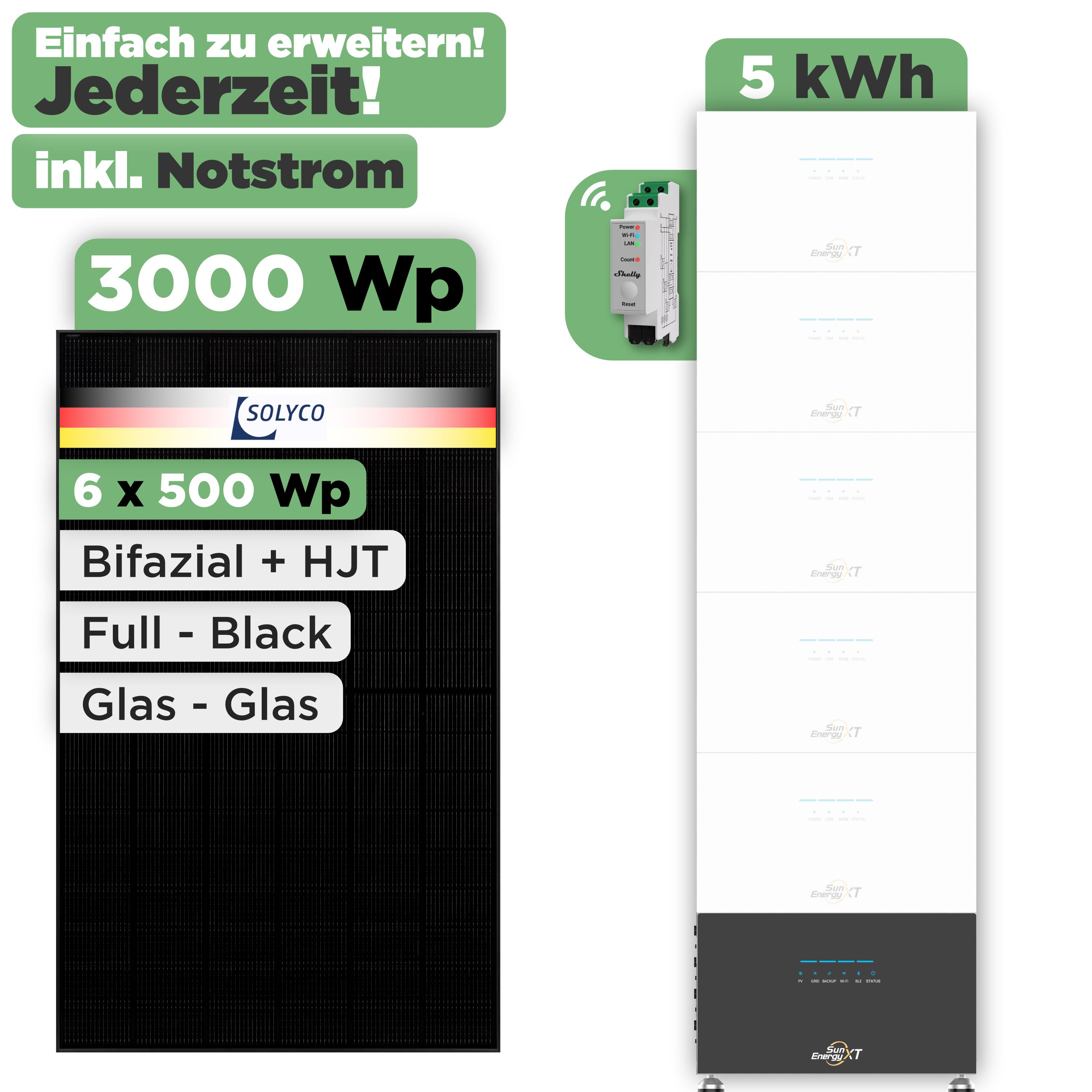 SunEnergyXT 500 Modulset 3000 Wp SunEnergyXT 500 (800 W) / 5 kWh / Shelly 3EM Pro / Solyco 500 Wp / 6 Module