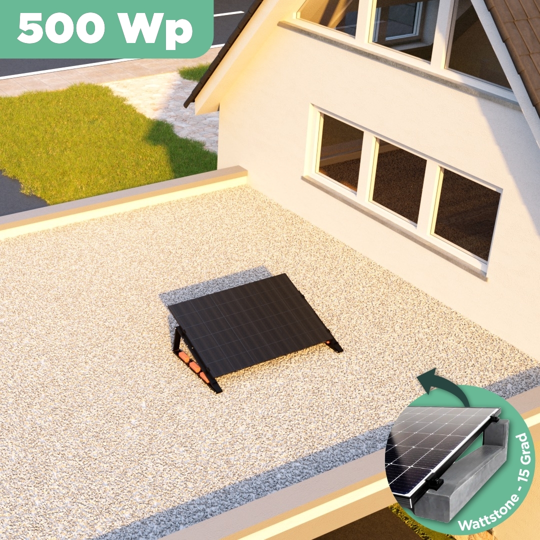 Balkonkraftwerk Flachdach 500 Wp — APsystems EZ1-M 800 W / Trina Solar / 500 Wp (Glas-Glas Full Black) / Premium - Wattstone Black 15°  / eine Reihe quer / 1 Modul / 20 m