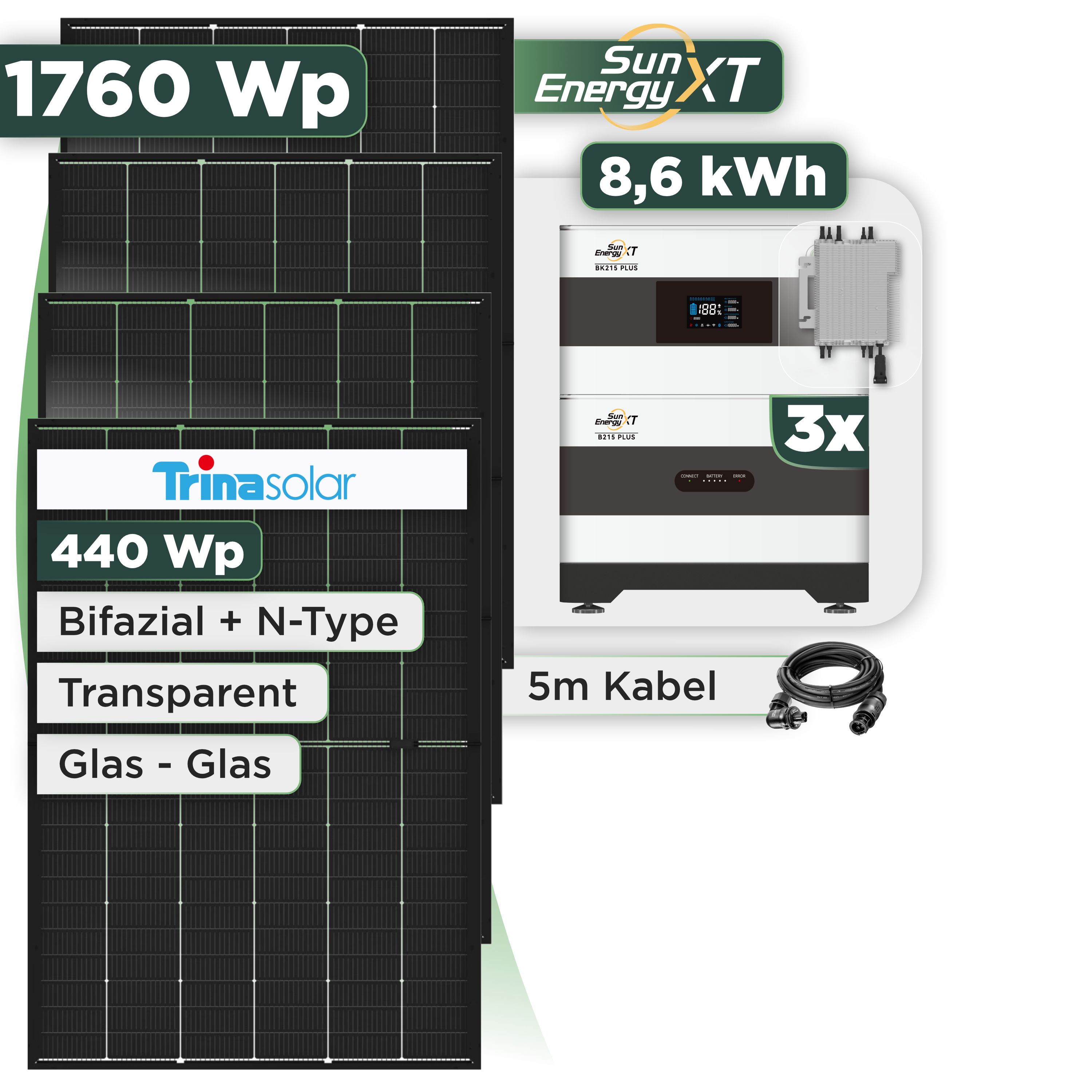 Balkonkraftwerk Set 1760 Wp SunEnergyXT Plus / 8,6 kWh / Trina 440 Wp Glas-Glas Bifazial Modul / 4 Module / Deye 2000 W / Wieland Stecker