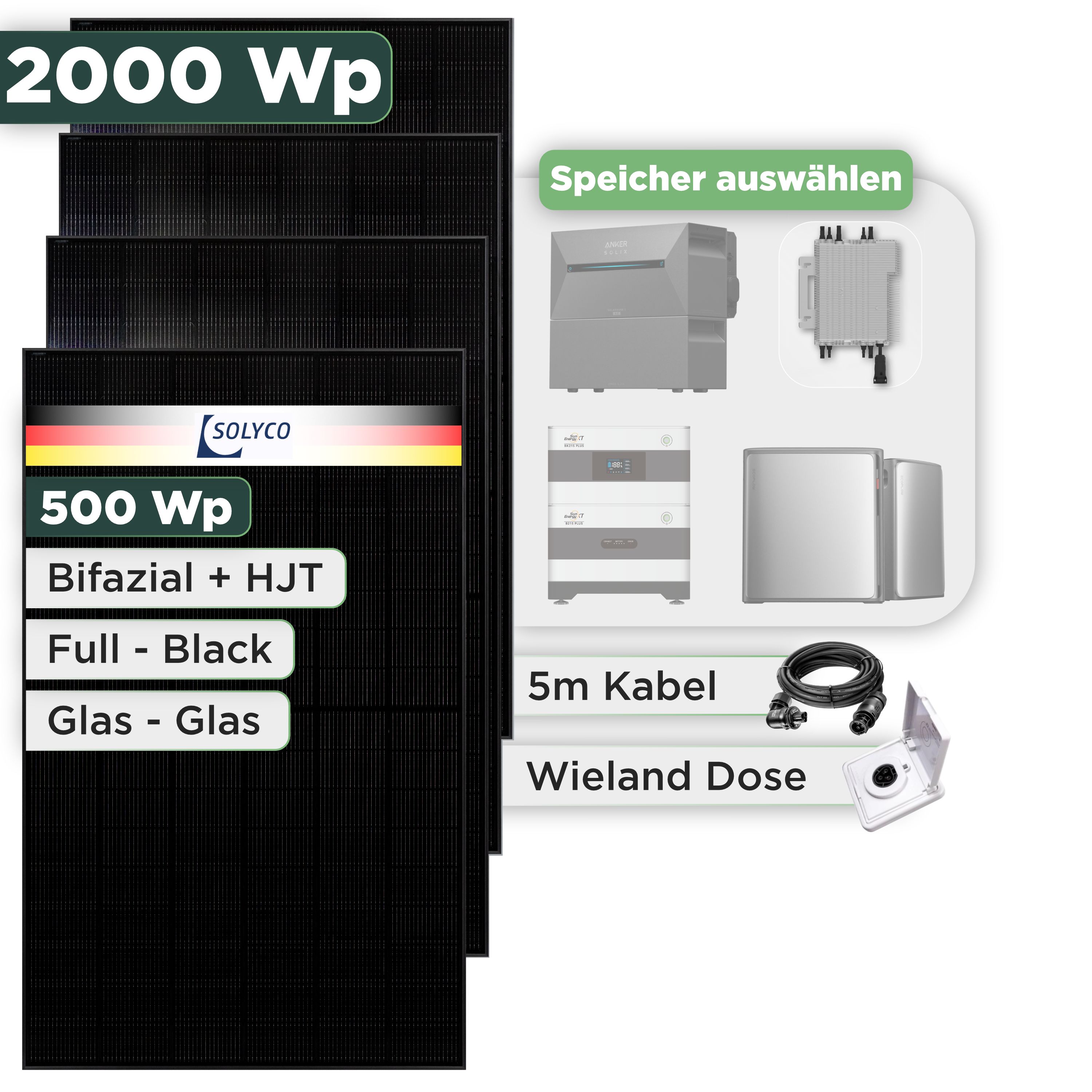 Balkonkraftwerk Set 2000 Wp Solyco 500 Wp Glas-Glas Fullblack-Modul Bifazial / 4 Module / Deye 2000 W / Wieland Stecker + Dose