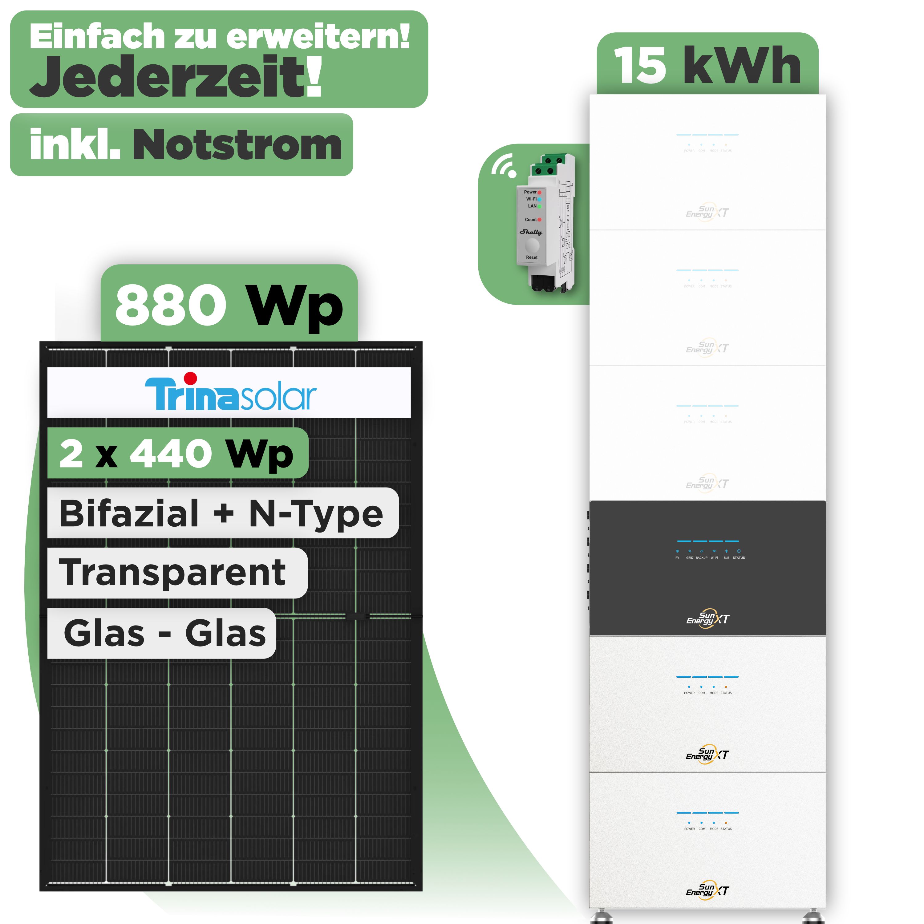 SunEnergyXT 500 Modulset 880 Wp SunEnergyXT 500 (800 W) / 15 kWh / Shelly 3EM Pro / Trina 440 Wp / 2 Module