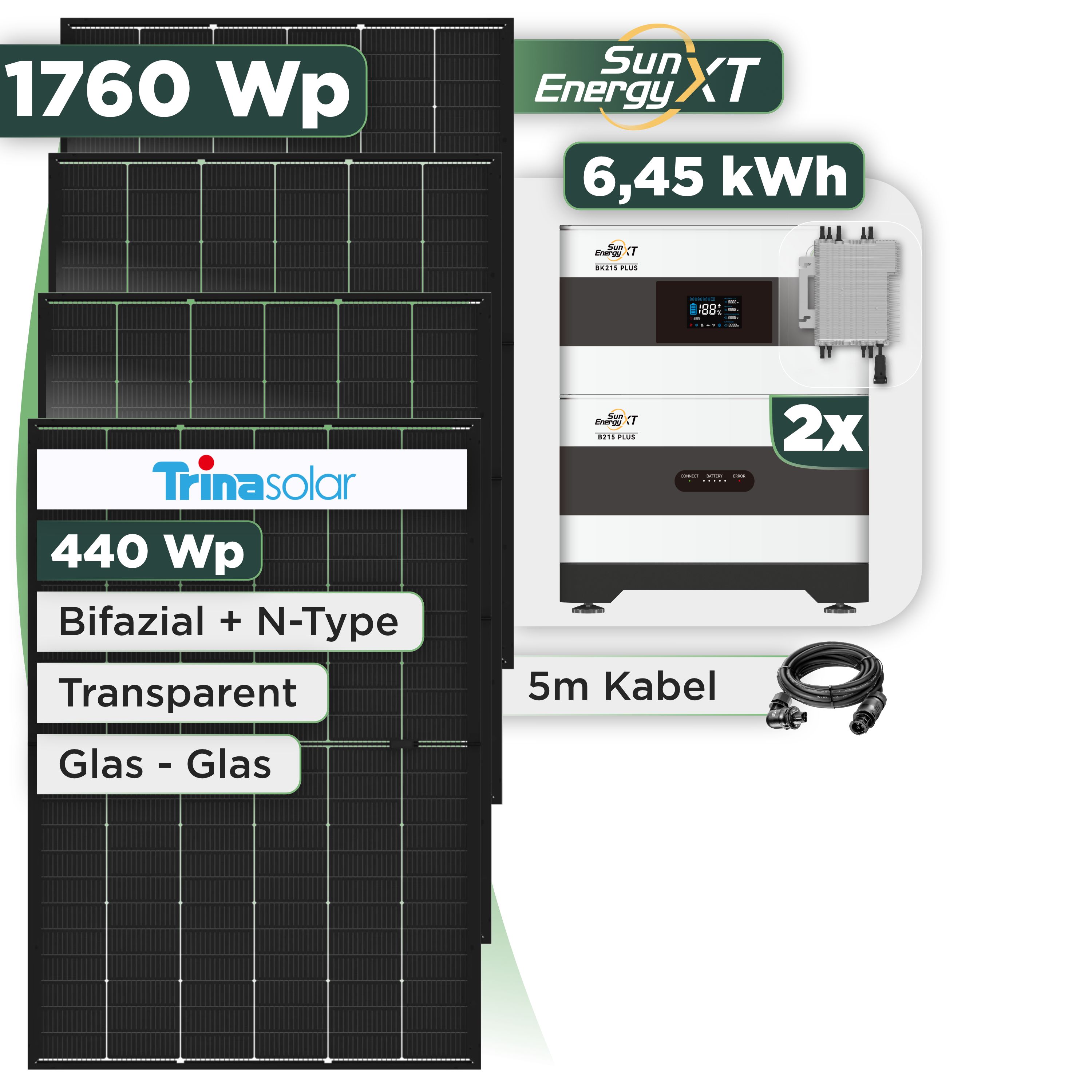 Balkonkraftwerk Set 1760 Wp SunEnergyXT Plus / 6,45 kWh / Trina 440 Wp Glas-Glas Bifazial Modul / 4 Module / Deye 2000 W / Wieland Stecker