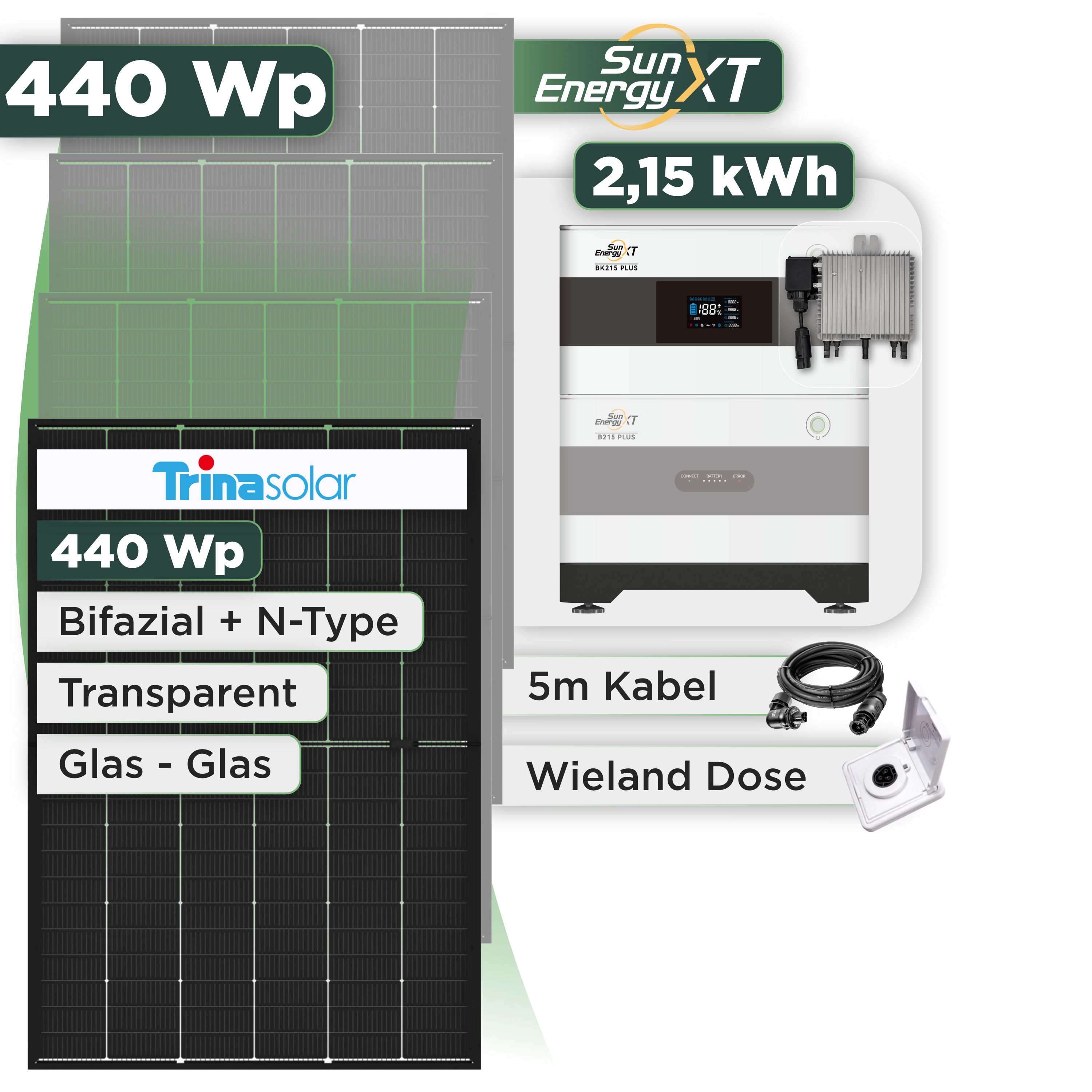 Balkonkraftwerk Set 440 Wp SunEnergyXT Plus / 2,15 kWh / Trina 440 Wp Glas-Glas Bifazial Modul / 1 Modul / Deye 800 W / Wieland Stecker + Dose