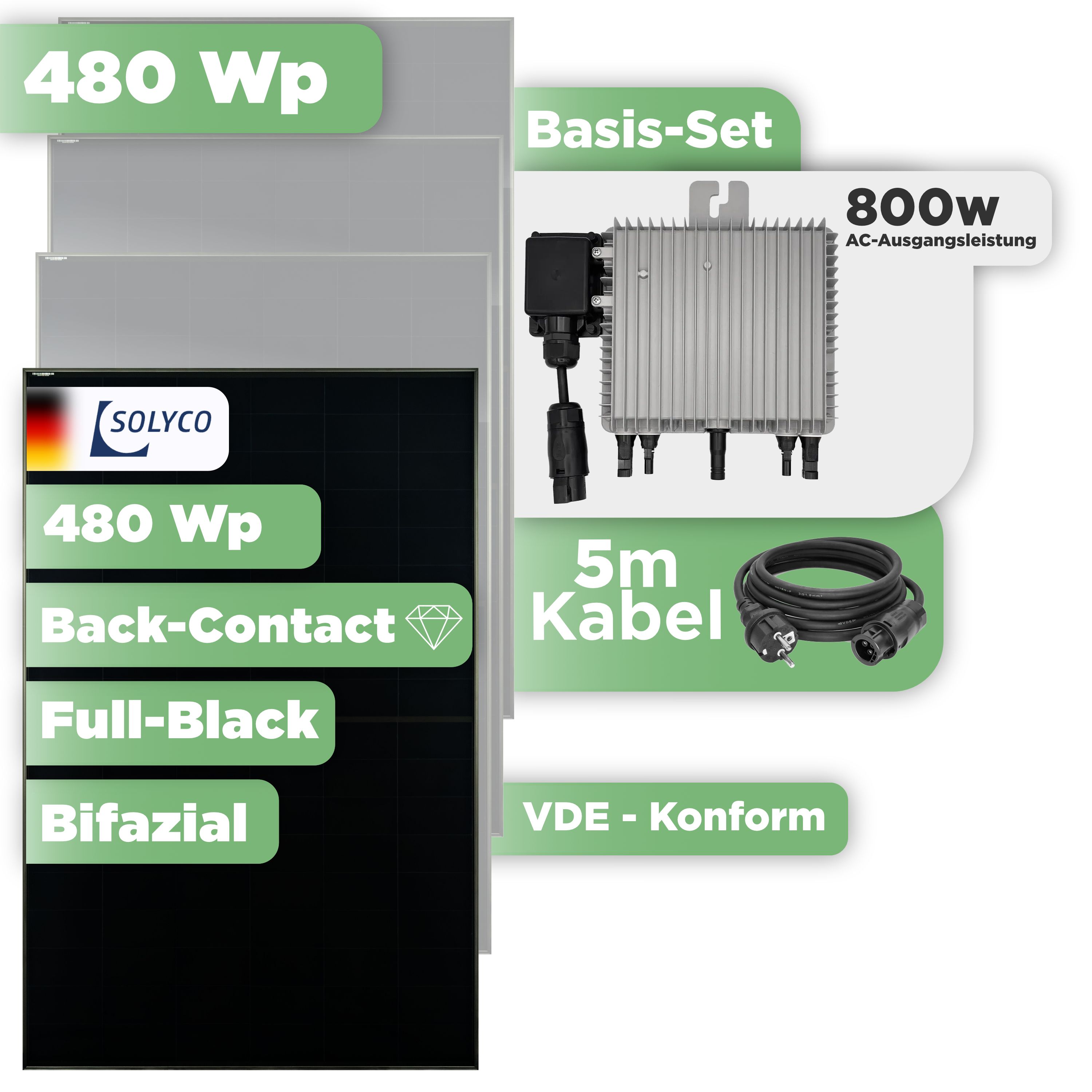Balkonkraftwerk Basic Set 480 Wp Solyco 480 Wp Glas-Glas Fullblack Back Contact Modul / 1 Modul / Deye 800 W / Schuko Stecker