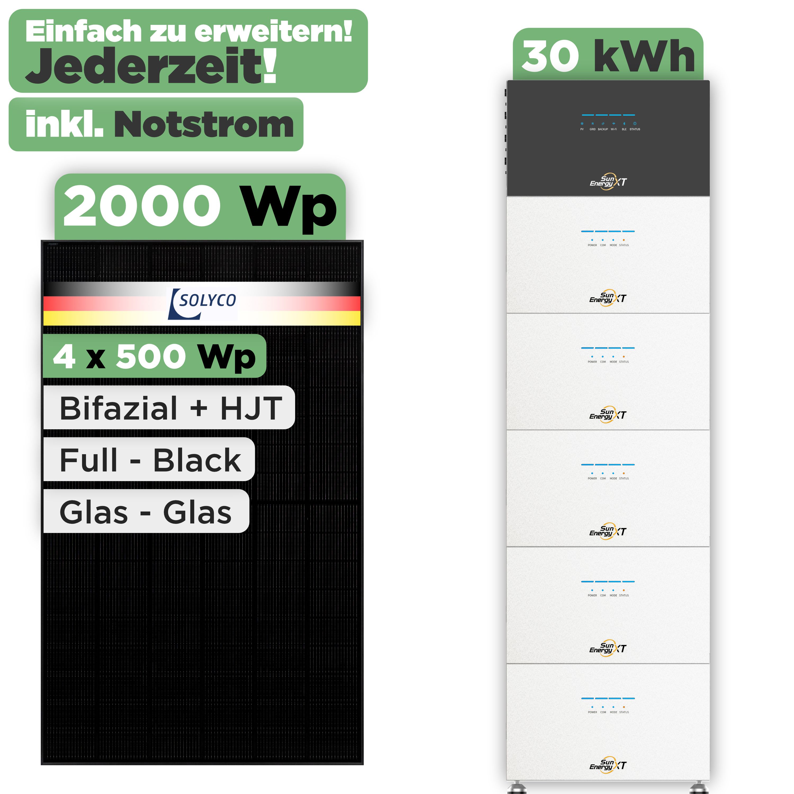 SunEnergyXT 500 Modulset 2000 Wp SunEnergyXT 500 (800 W) / 30 kWh / Solyco 500 Wp / 4 Module