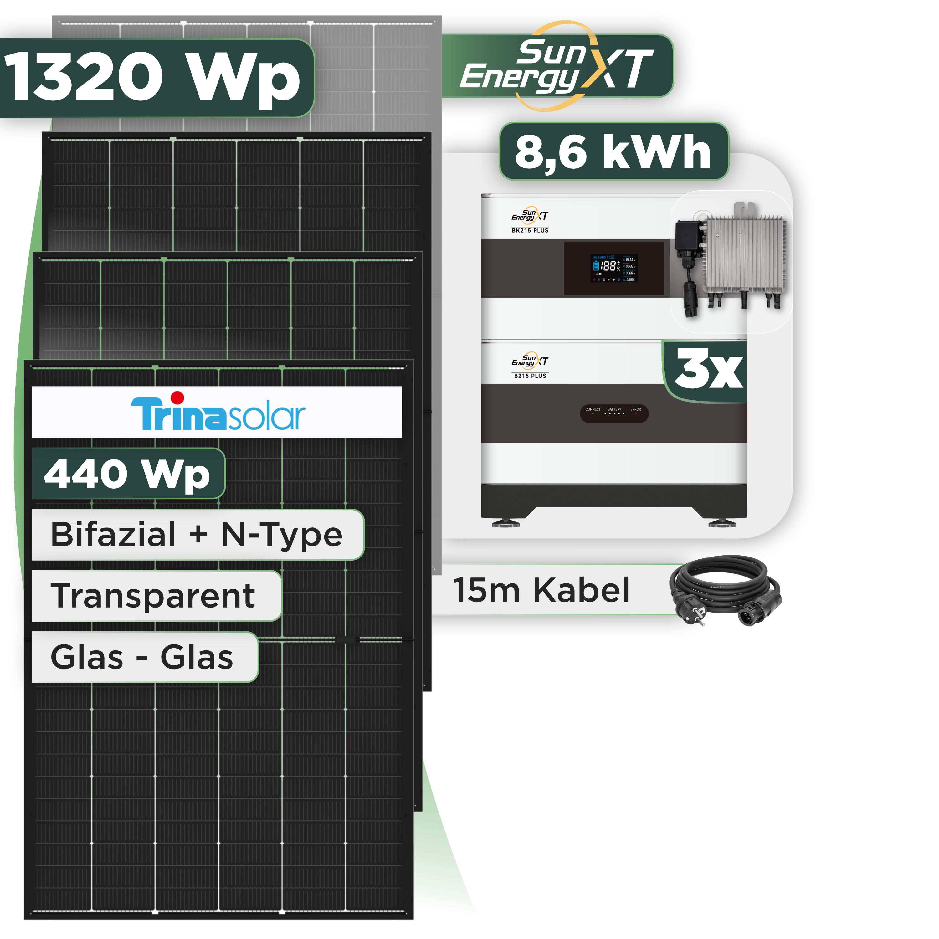 Balkonkraftwerk Set 1320 Wp — SunEnergyXT Plus / 8,6 kWh / Trina 440 Wp Glas-Glas Bifazial Modul / 3 Module / Deye 800 W / Schuko Stecker / 15 m
