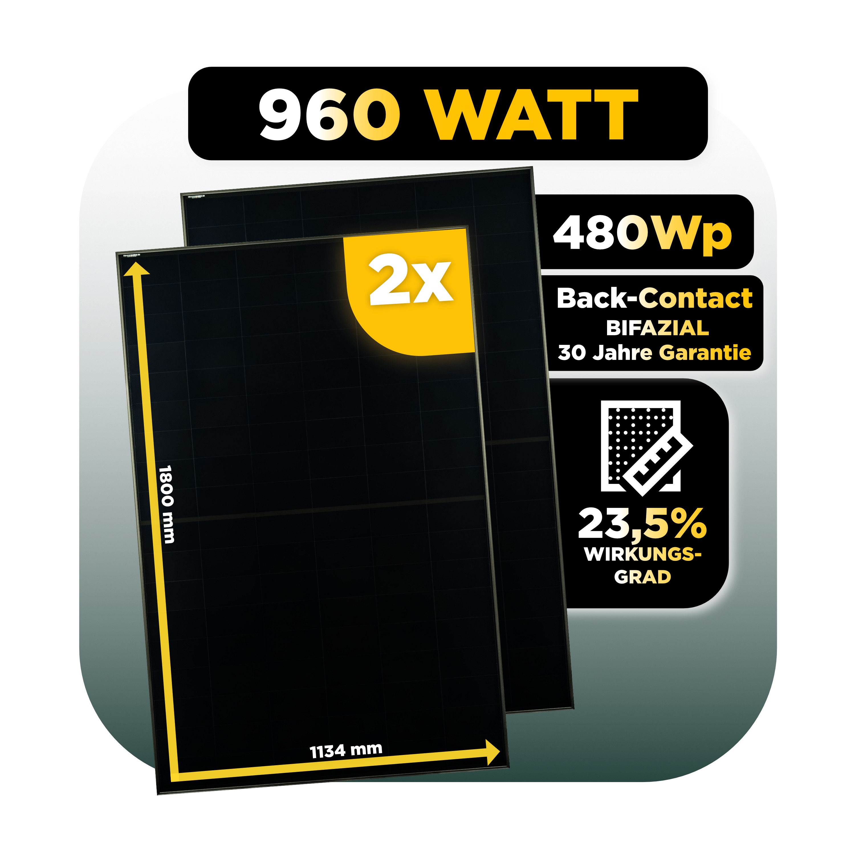 SunEnergyXT Erweiterungsset 960 Wp — 6.450 Wh / Solyco 480 Wp Glas-Glas Fullblack Back Contact Modul  / 2 Module / 2 x Universalhalterung