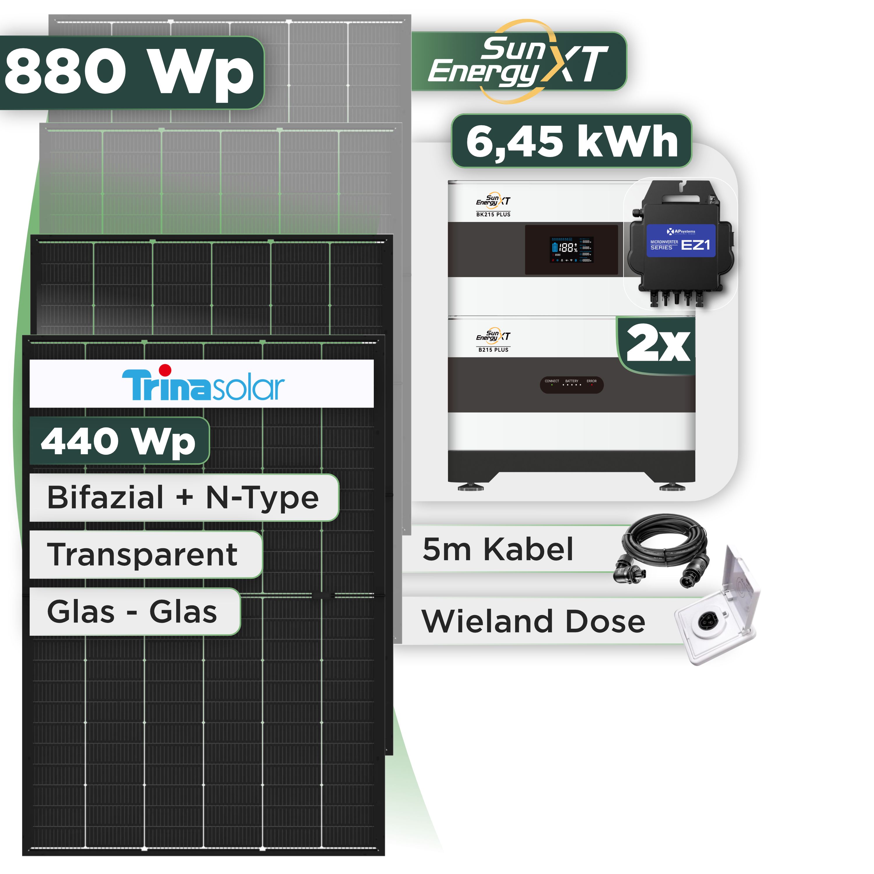 Balkonkraftwerk Set 880 Wp SunEnergyXT Plus / 6,45 kWh / Trina 440 Wp Glas-Glas Bifazial Modul / 2 Module / APSystems EZ1-M (bis 800 W) / Wieland Stecker + Dose