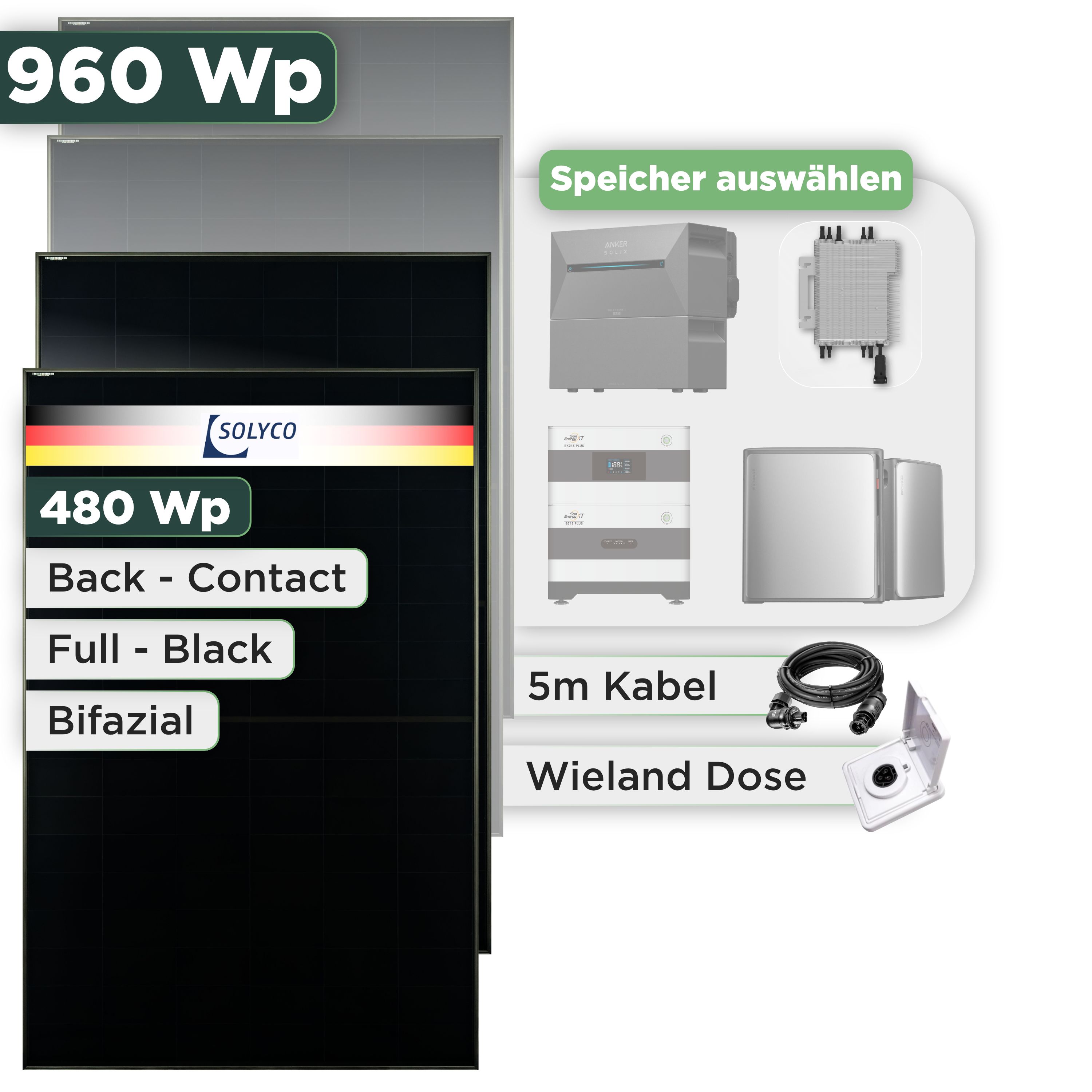 Balkonkraftwerk Set 960 Wp Solyco 480 Wp Glas-Glas Fullblack Back Contact Modul / 2 Module / Deye 2000 W / Wieland Stecker + Dose