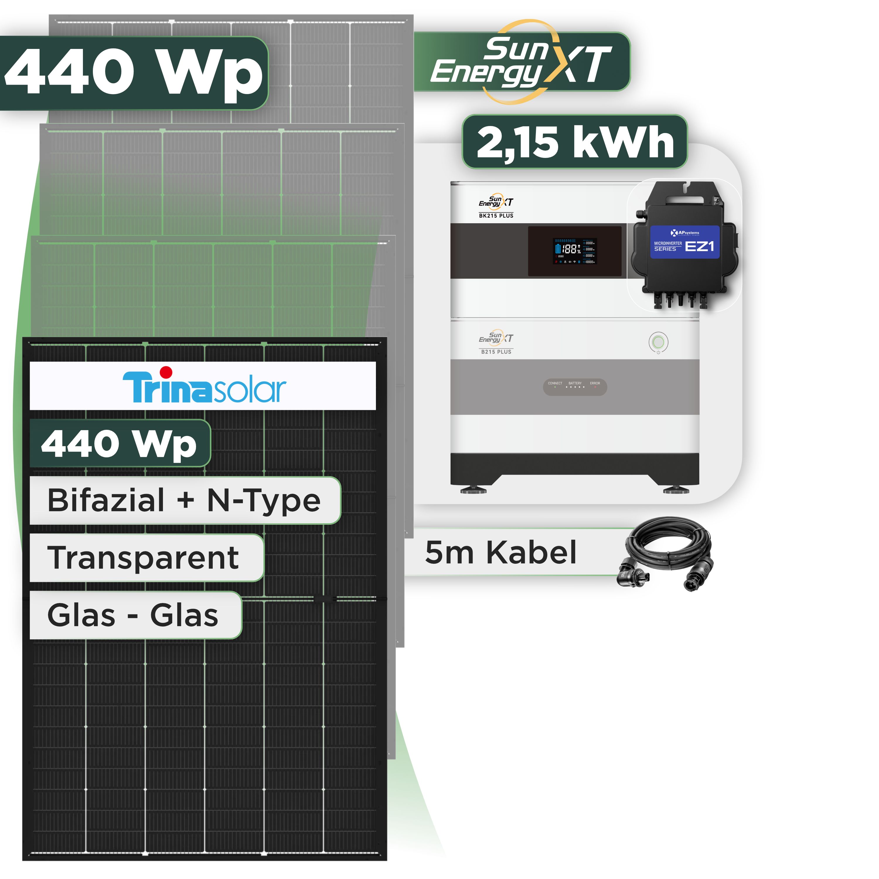 Balkonkraftwerk Set 440 Wp SunEnergyXT Plus / 2,15 kWh / Trina 440 Wp Glas-Glas Bifazial Modul / 1 Modul / APSystems EZ1-M (bis 800 W) / Wieland Stecker
