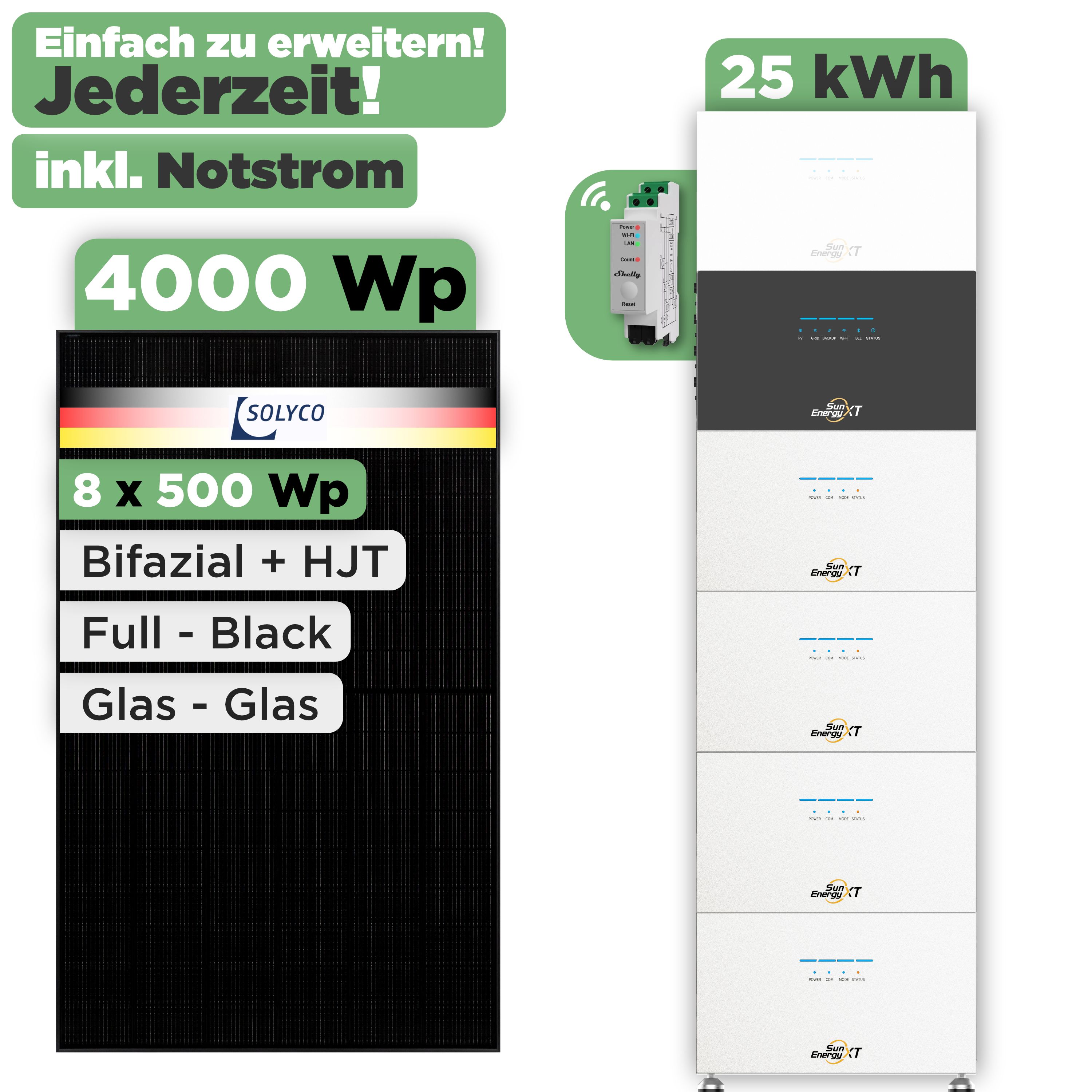 SunEnergyXT 500 Modulset 4000 Wp SunEnergyXT 500 Pro (2400 W) / 25 kWh / Shelly 3EM Pro / Solyco 500 Wp / 8 Module