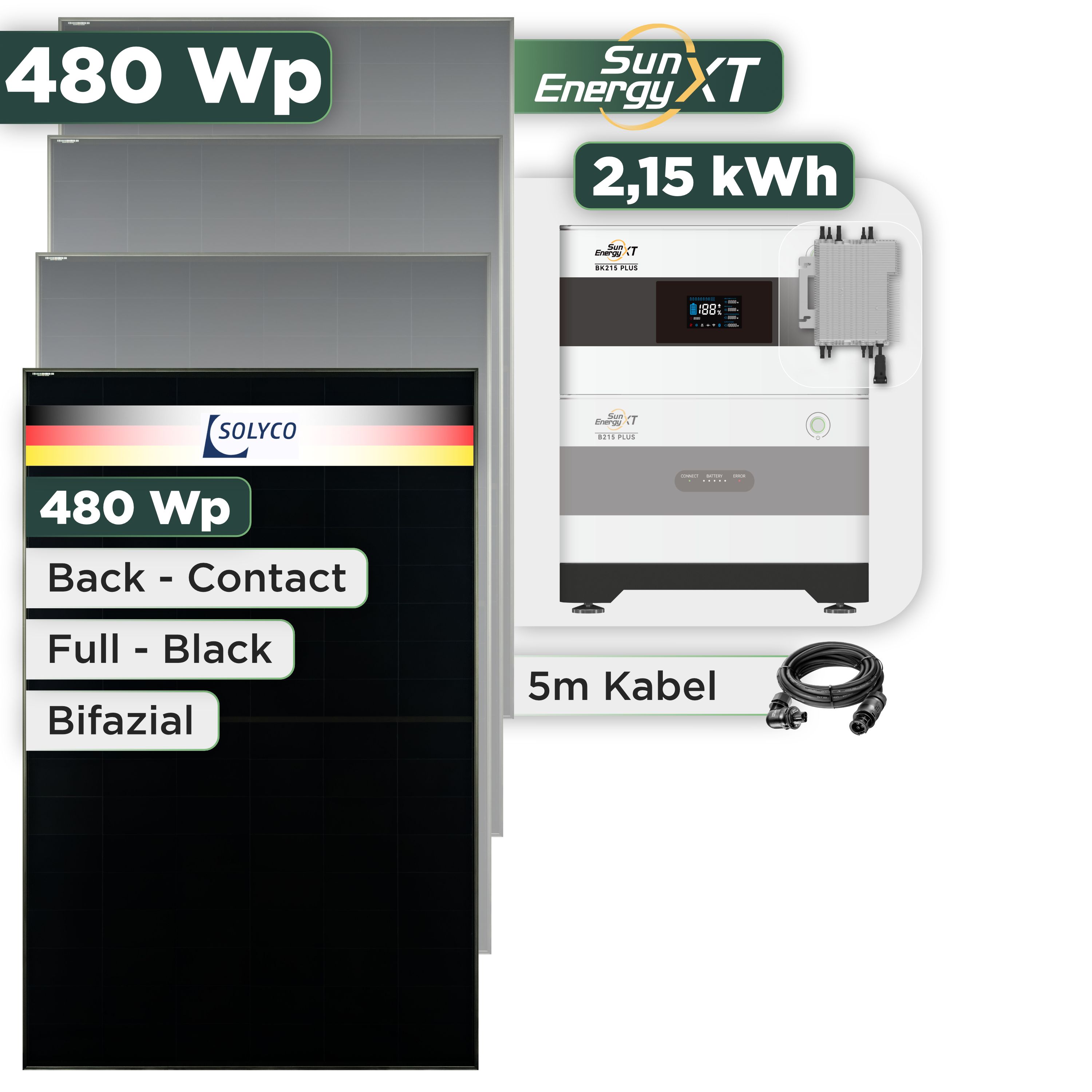 Balkonkraftwerk Set 480 Wp SunEnergyXT Plus / 2,15 kWh / Solyco 480 Wp Glas-Glas Fullblack Back Contact Modul / 1 Modul / Deye 2000 W / Wieland Stecker