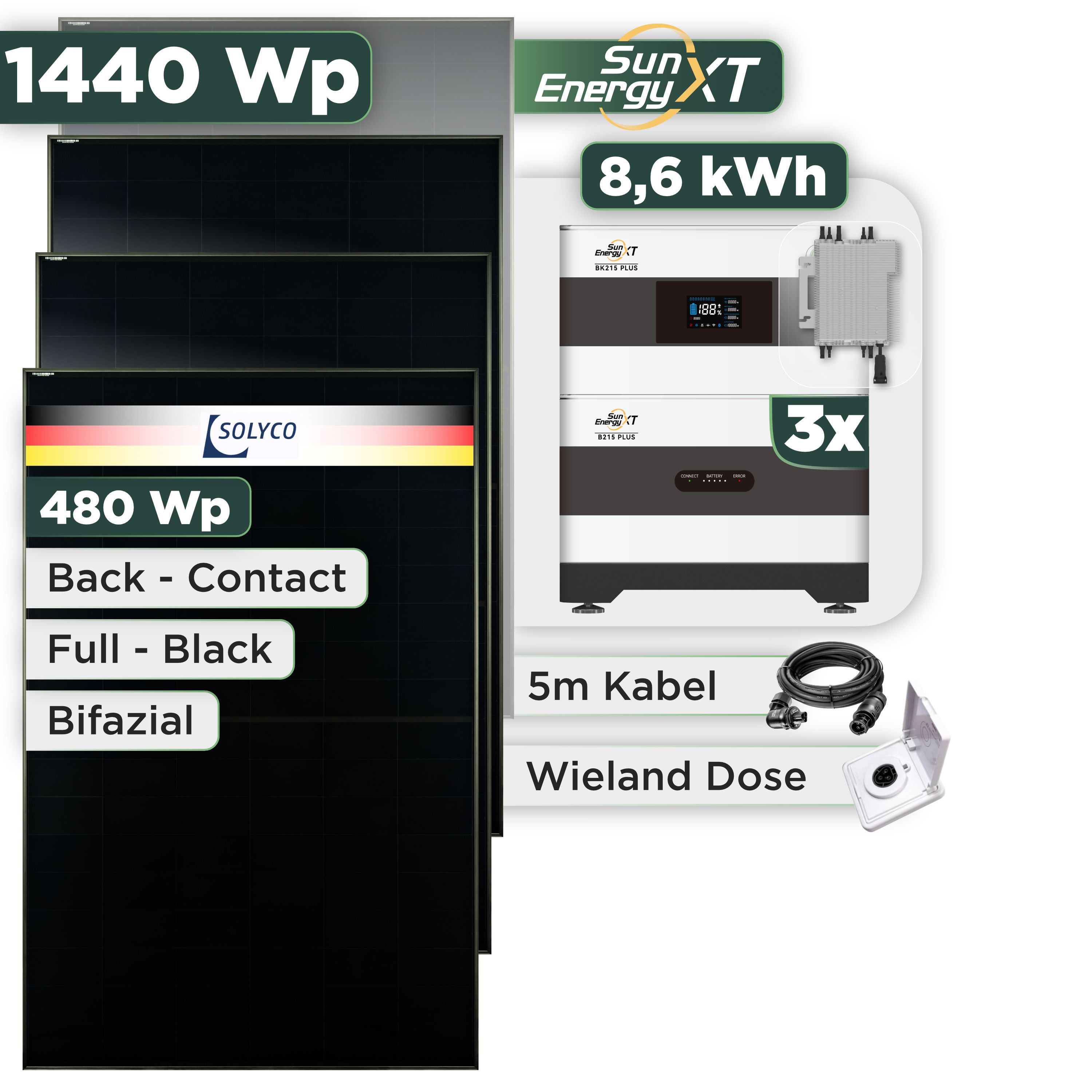 Balkonkraftwerk Set 1440 Wp SunEnergyXT Plus / 8,6 kWh / Solyco 480 Wp Glas-Glas Fullblack Back Contact Modul / 3 Module / Deye 2000 W / Wieland Stecker + Dose