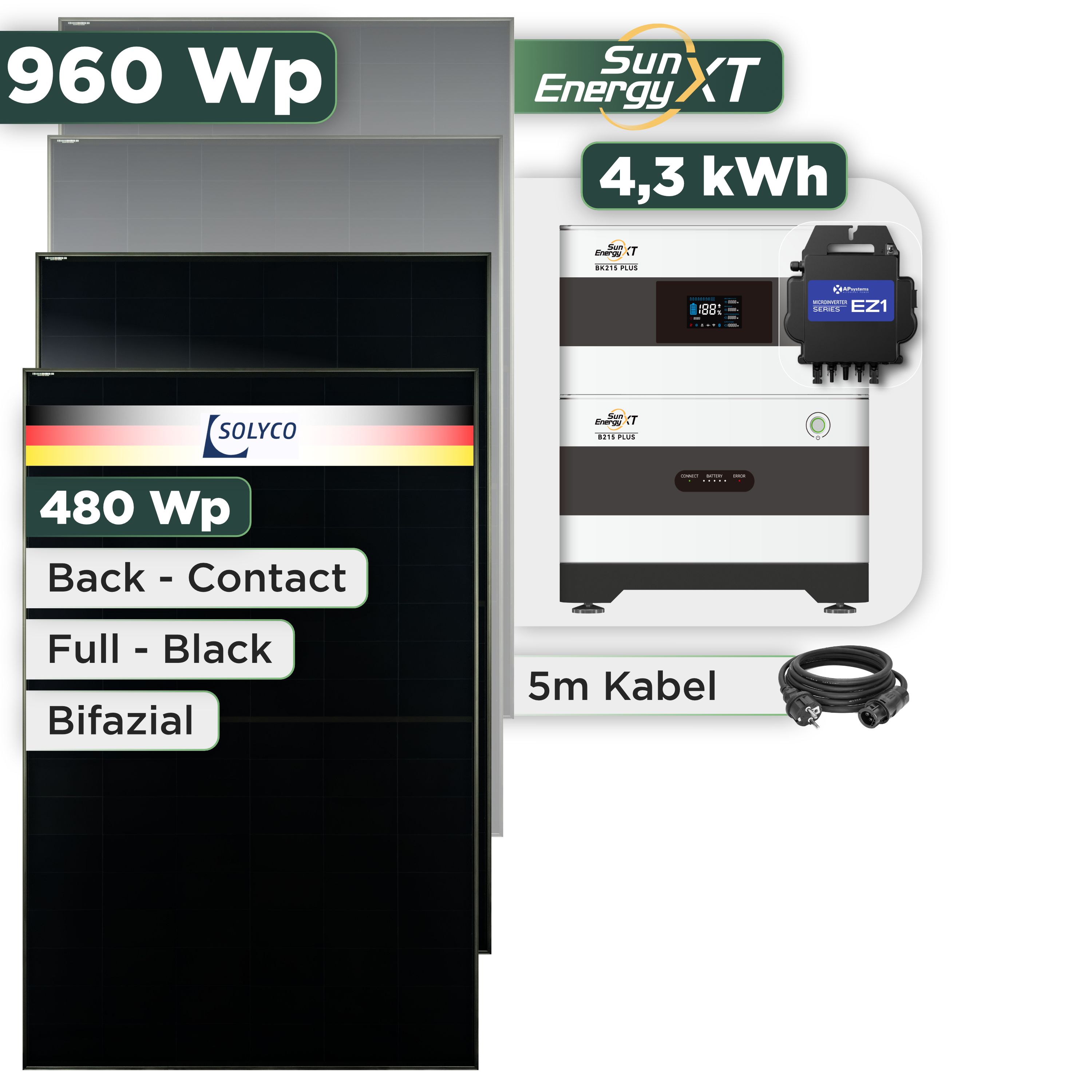 Balkonkraftwerk Set 960 Wp — SunEnergyXT Plus / 4,3 kWh / Solyco 480 Wp Glas-Glas Fullblack Back Contact Modul  / 2 Module / APSystems EZ1-M (bis 800 W) / Schuko Stecker / 5 m