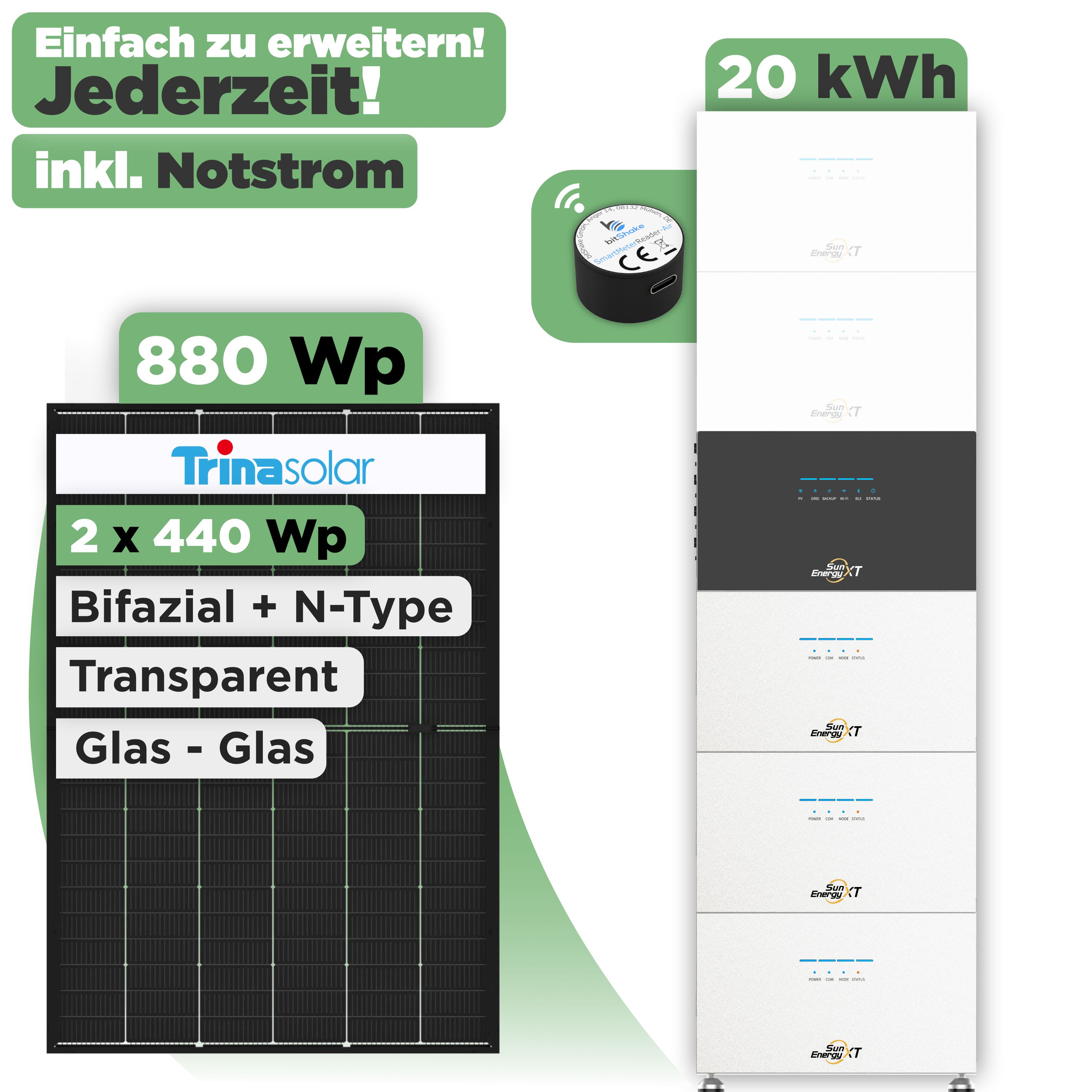 SunEnergyXT 500 Modulset 880 Wp SunEnergyXT 500 (800 W) / 20 kWh / IR Lesekopf / Trina 440 Wp / 2 Module