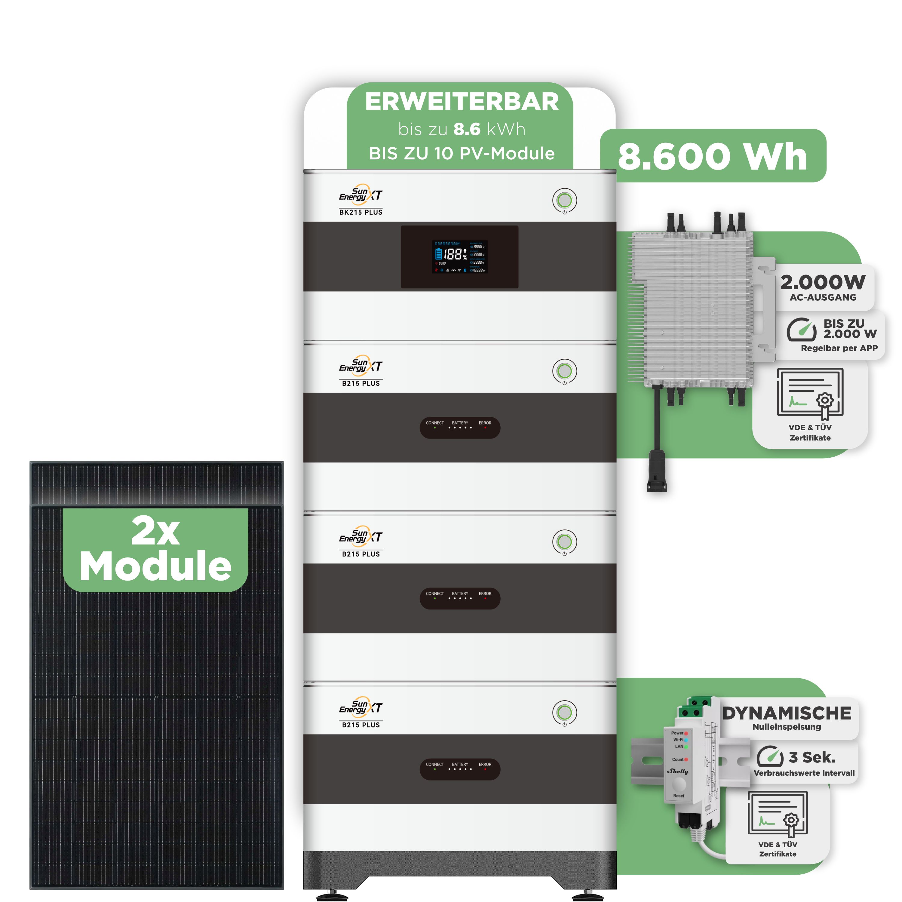 SunEnergyXT BK215 Plus Balkonkraftwerkspeicher 8.600 Wh / mit Shelly 3EM Pro / 2000 W (Deye-SUN-M)