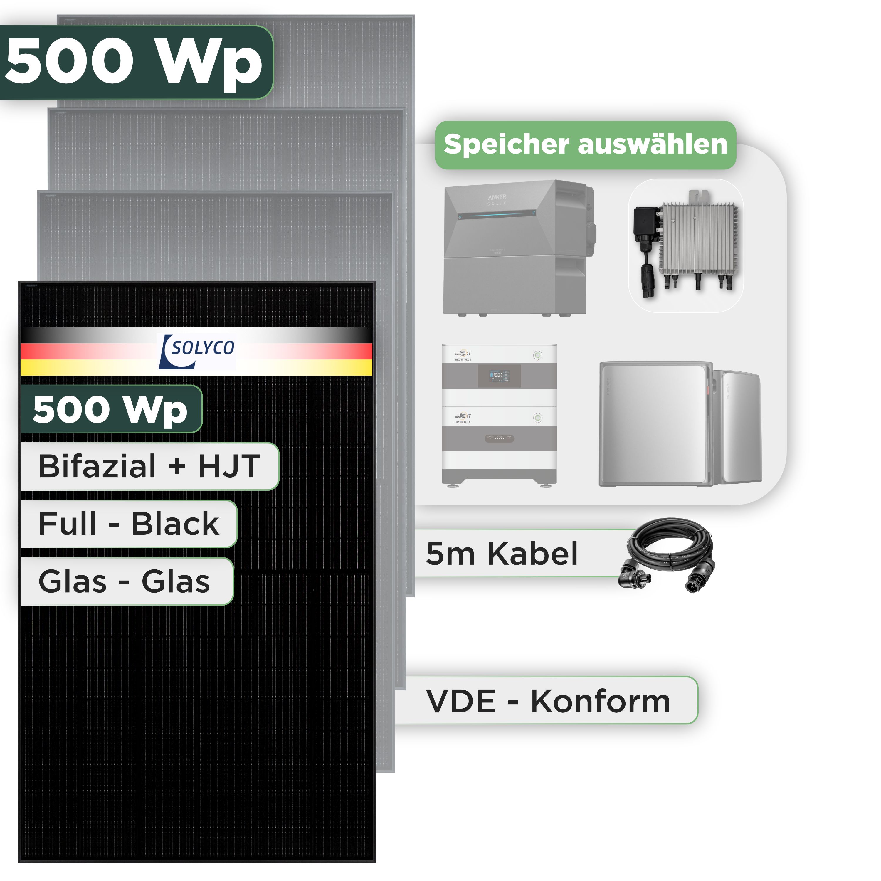 Balkonkraftwerk Set 500 Wp Solyco 500 Wp Glas-Glas Fullblack-Modul Bifazial / 1 Modul / Deye 800 W / Wieland Stecker