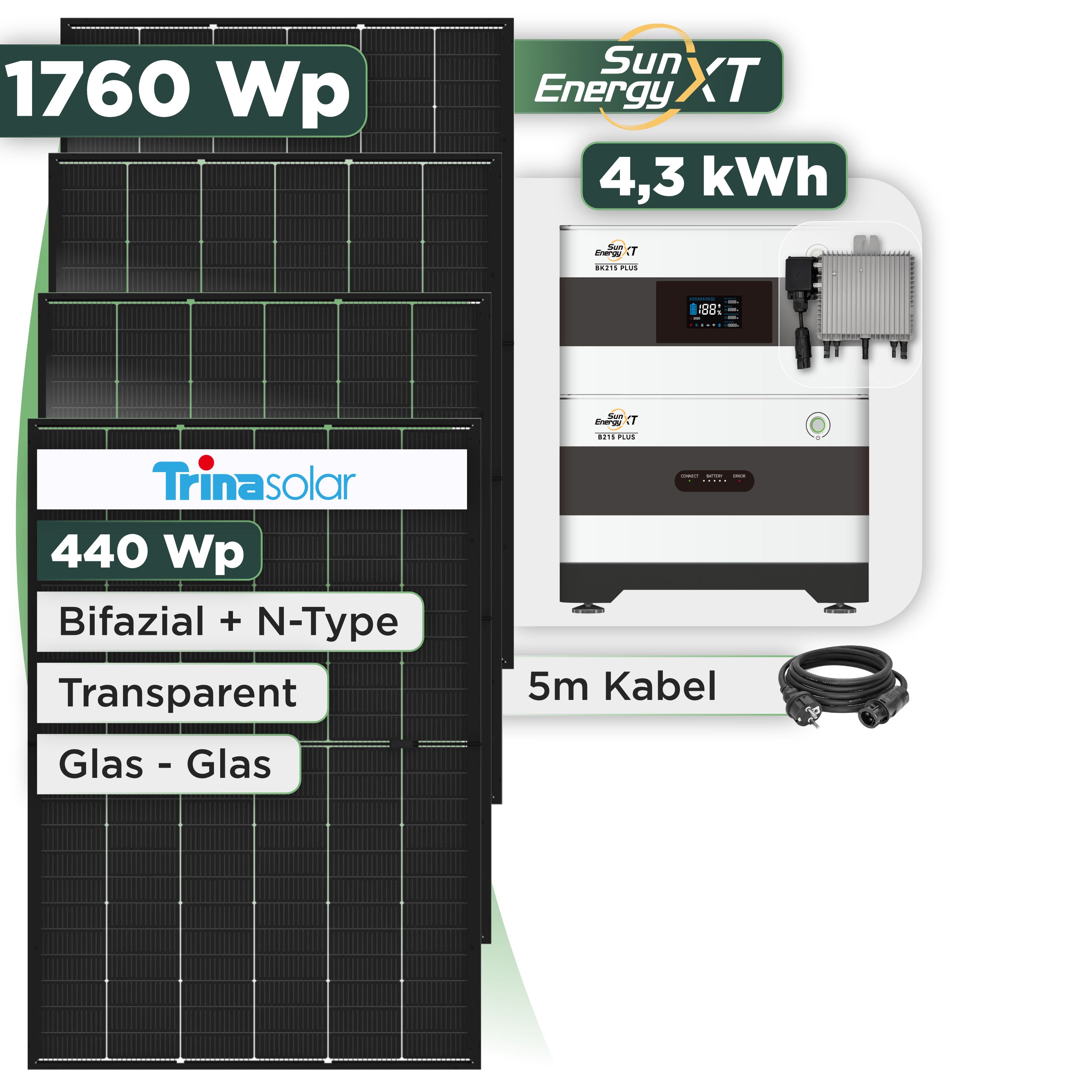 Balkonkraftwerk Set 1760 Wp SunEnergyXT Plus / 4,3 kWh / Trina 440 Wp Glas-Glas Bifazial Modul / 4 Module / Deye 800 W / Schuko Stecker