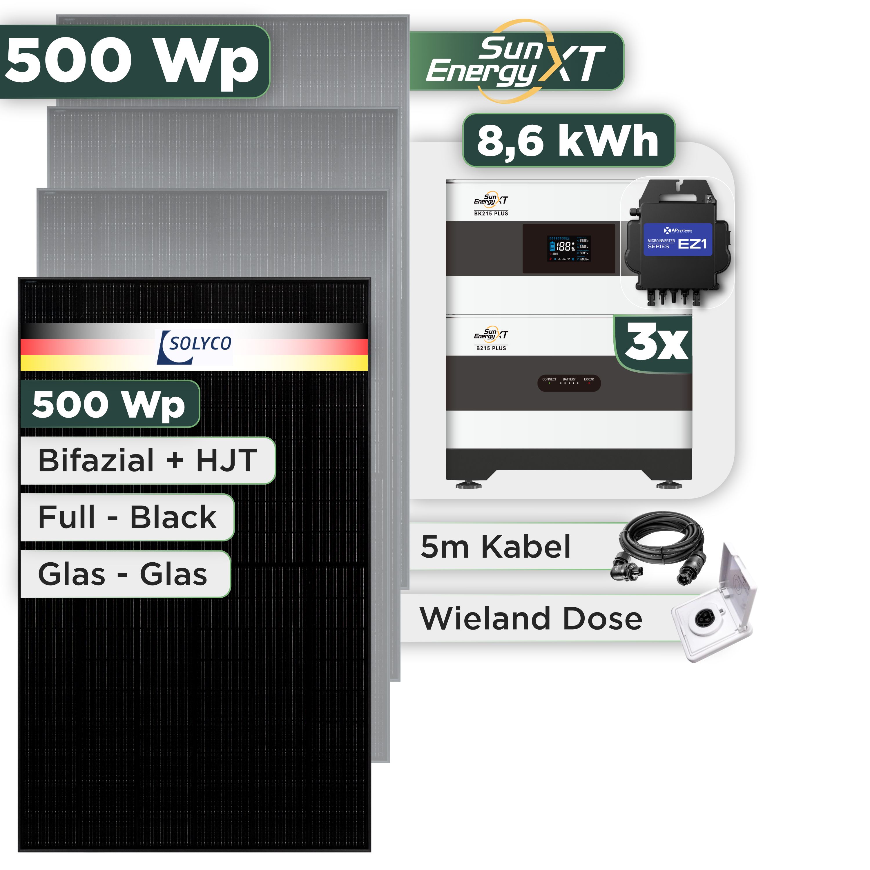 Balkonkraftwerk Set 500 Wp SunEnergyXT Plus / 8,6 kWh / Solyco 500 Wp Glas-Glas Fullblack-Modul Bifazial / 1 Modul / APSystems EZ1-M (bis 800 W) / Wieland Stecker + Dose