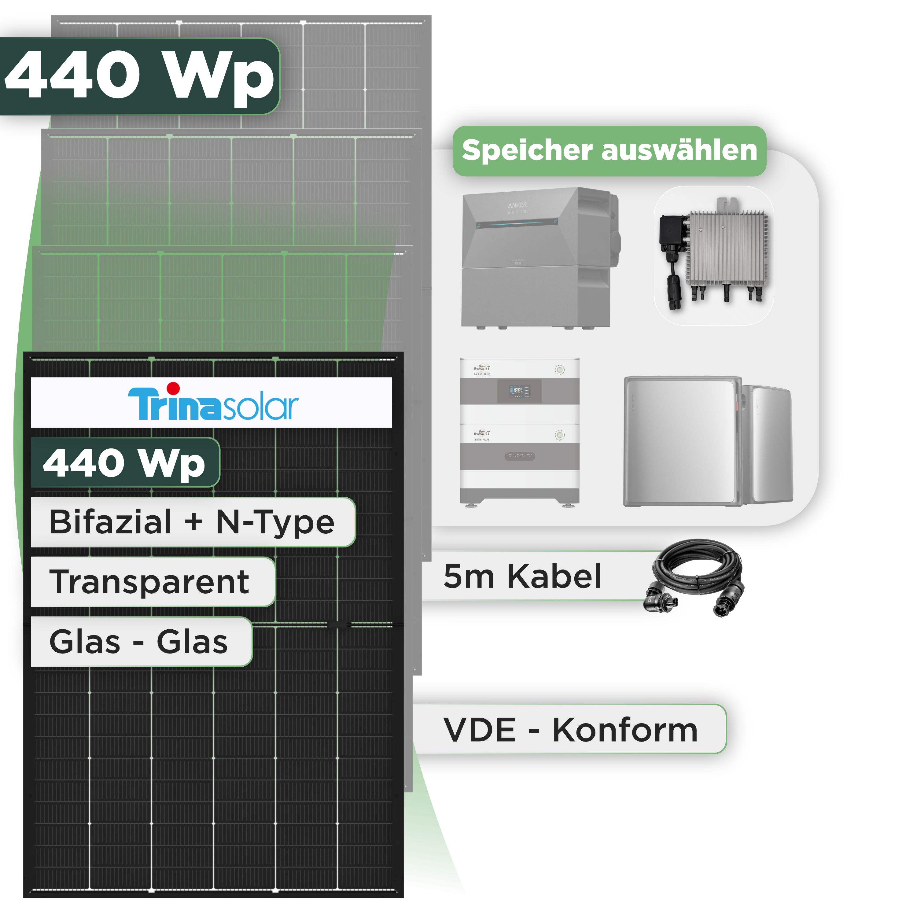 Balkonkraftwerk Set 440 Wp Trina 440 Wp Glas-Glas Bifazial Modul / 1 Modul / Deye 800 W / Wieland Stecker