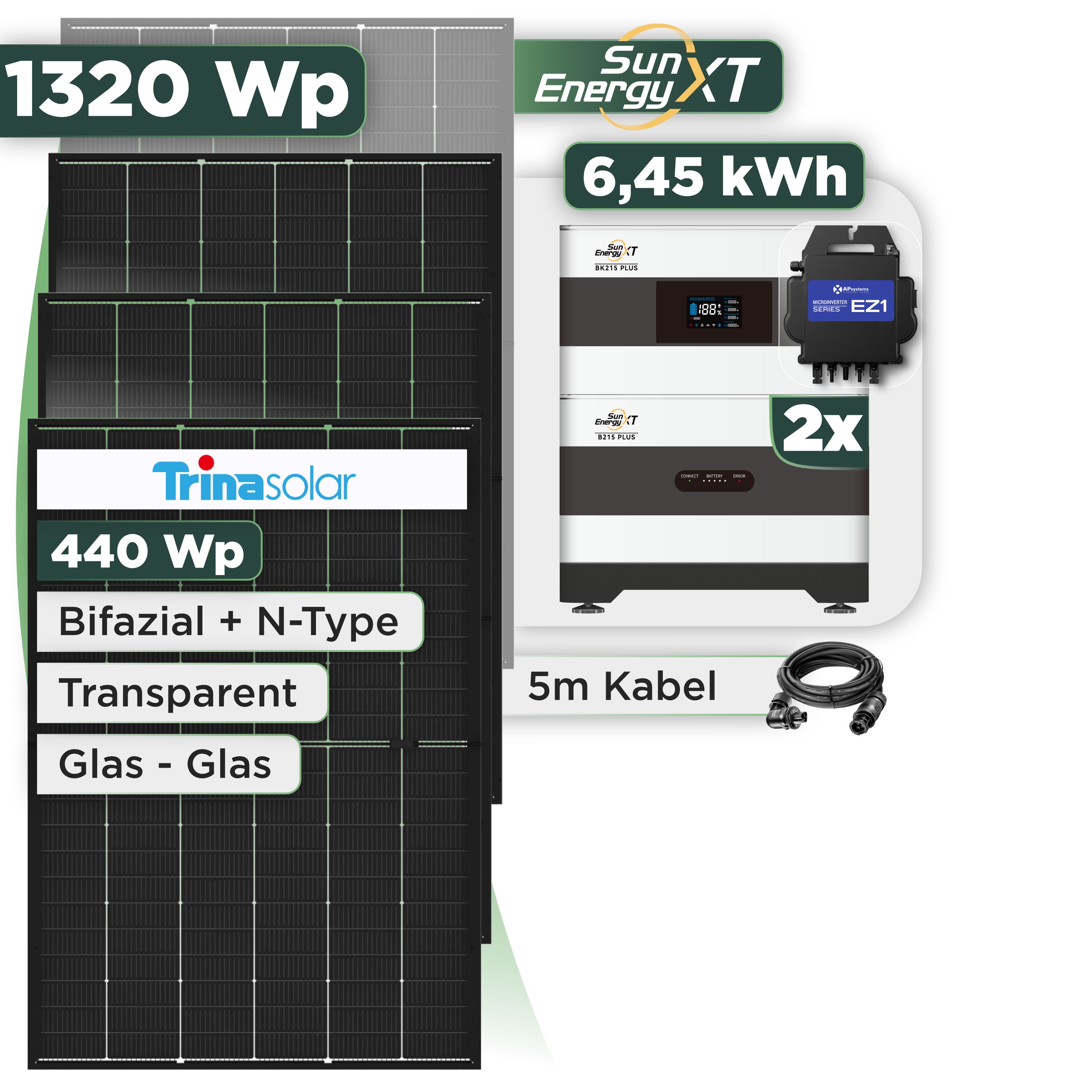 Balkonkraftwerk Set 1320 Wp SunEnergyXT Plus / 6,45 kWh / Trina 440 Wp Glas-Glas Bifazial Modul / 3 Module / APSystems EZ1-M (bis 800 W) / Wieland Stecker